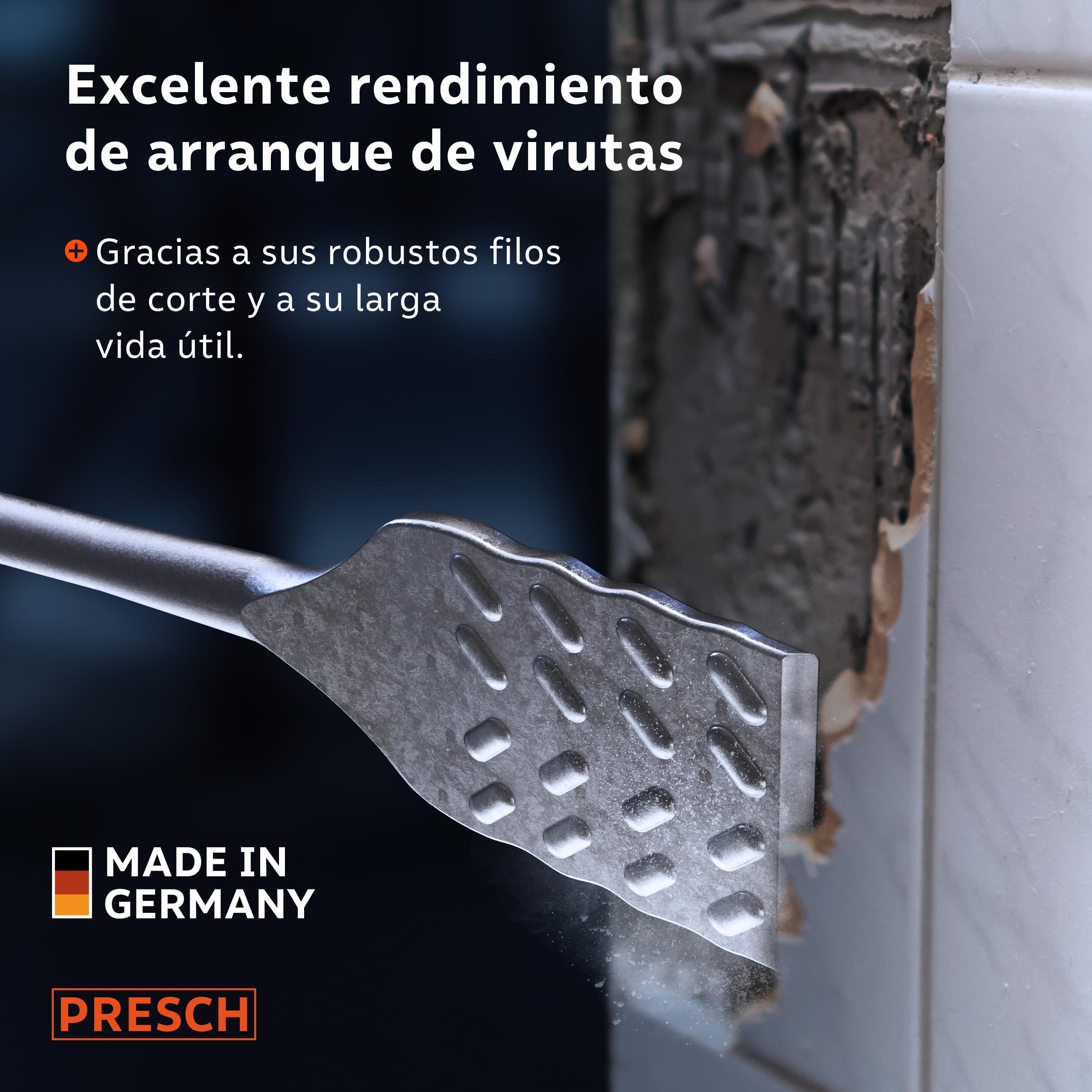 PRESCH SDS plus Cincel Azulejos - Extra largo (250mm) - Bord de corte extremadamente duradero (50mm ancho) - Acodado para facilitar la extracción de azulejos - Acero de alto rendimiento