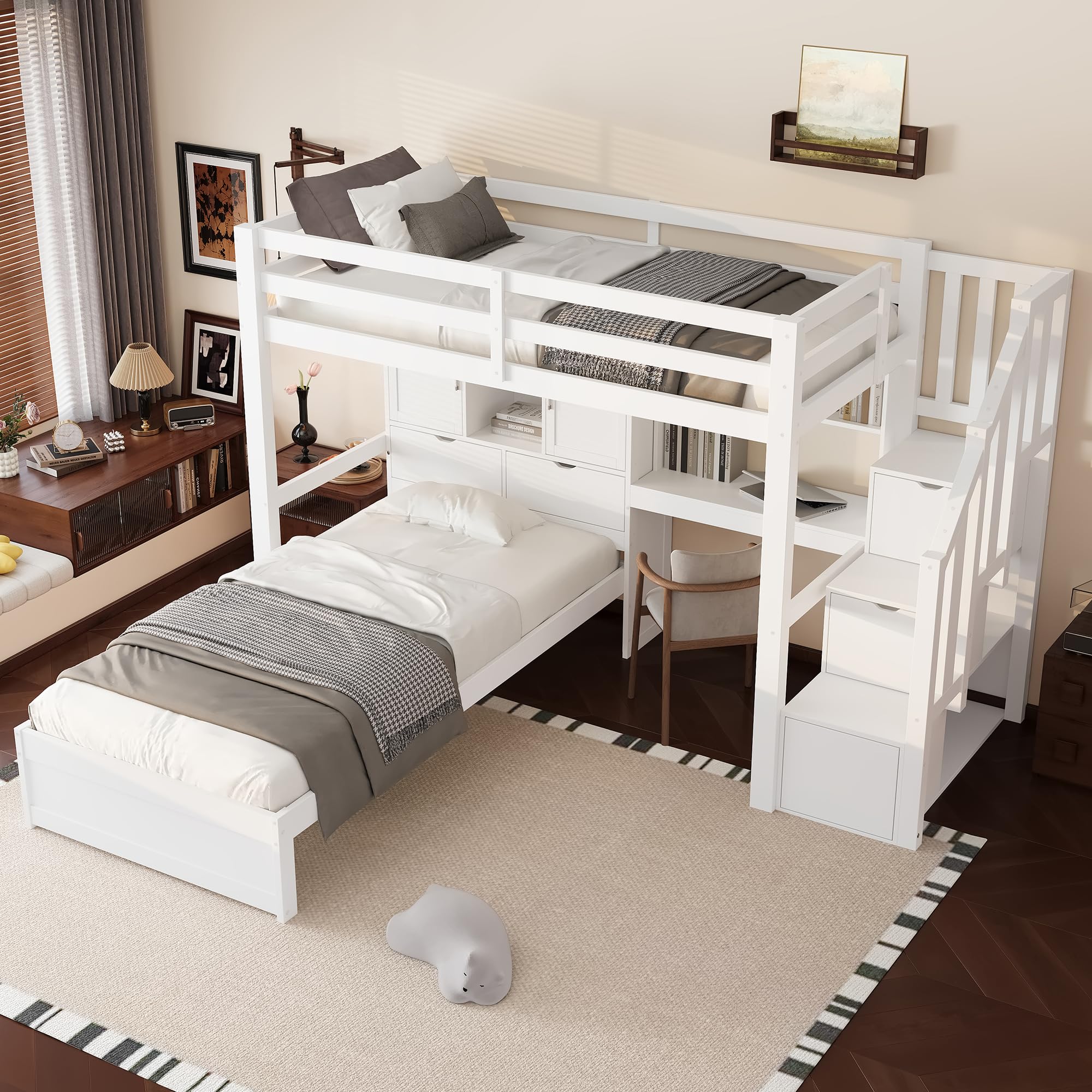 Sapgaks Lit Superposé Enfant en Bois Massif 90x200 avec Bureau et Échelle de Rangement (Blanc)