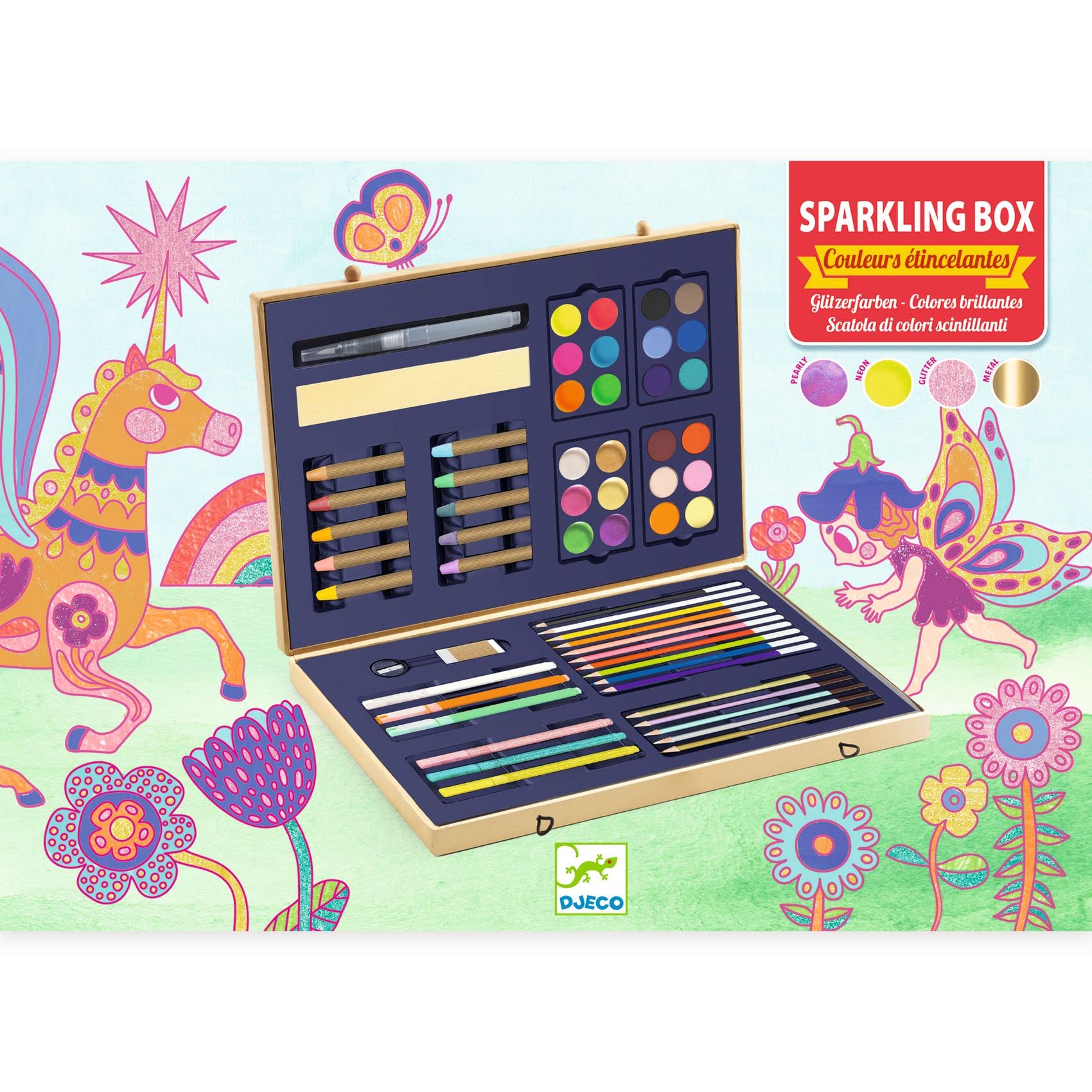 DJECO Coffret Les Couleurs des Grands - Dès 6 Ans - Kit Valise avec Peinture, Feutres, Crayons, Pastels, Stylos & Accessoires - Couleurs Scintillantes - Coloriage & Peinture - Qualité Made in France
