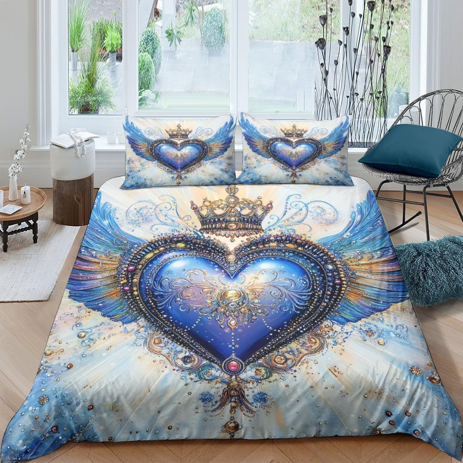 GPLZQXKJNH 3D Printed Blue Heart Crown Duvet Cover Microfiber Soft Breathable Wings Pattern Bedding Set with 2 Pillowcases for Bedroom Decor Single（135x200cm）