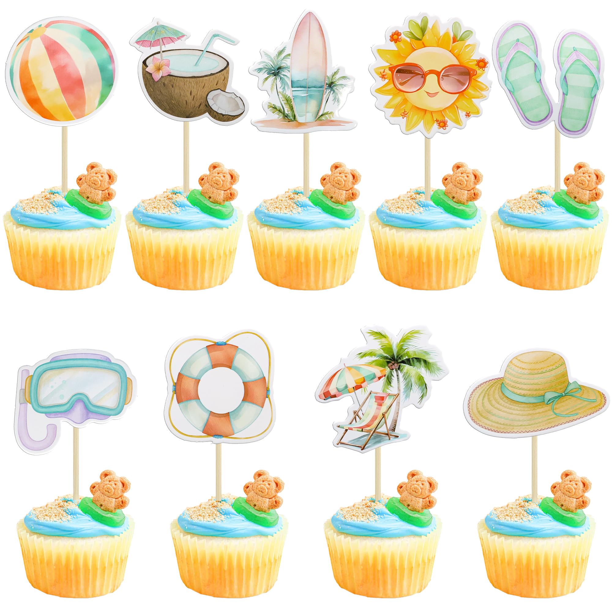 Gyufise 36Pcs Summer Beach Pool Cupcake Toppers Ball Sun Umbrella Diving Goggles Watermelon Water Gun Slippers Cupcake Picks Baby Shower Hawaii Theme Birthday Party Cake Decorations Supplies Multi