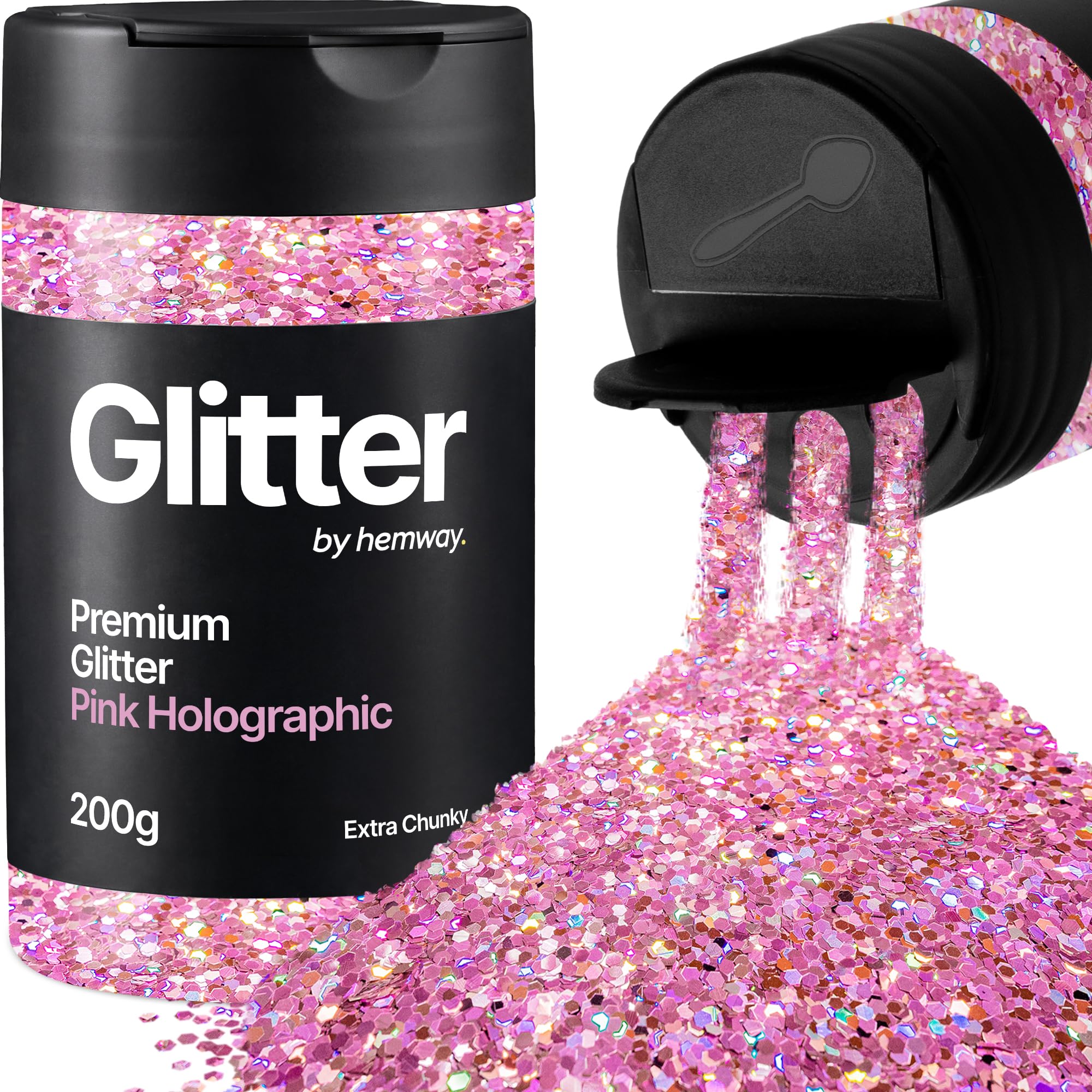 Hemway Rose Pink Holographic Glitter Shaker, 200g Extra Chunky Glitter for Crafts Metallic Flake Sequins for Resin & Epoxy Crafts for Decorating, Halloween, Christmas, Nail, Face, Art
