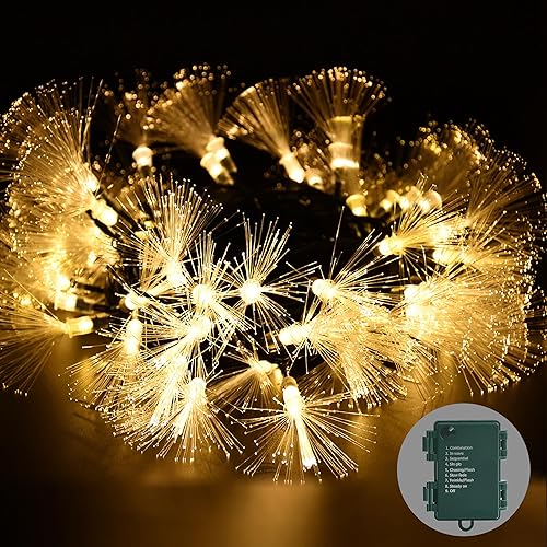 YOLIGHT Guirnalda de luces de fibra óptica, funciona con pilas, 33 pies, 60 luces LED de fuegos artificiales con temporizador, alambre verde, luces
