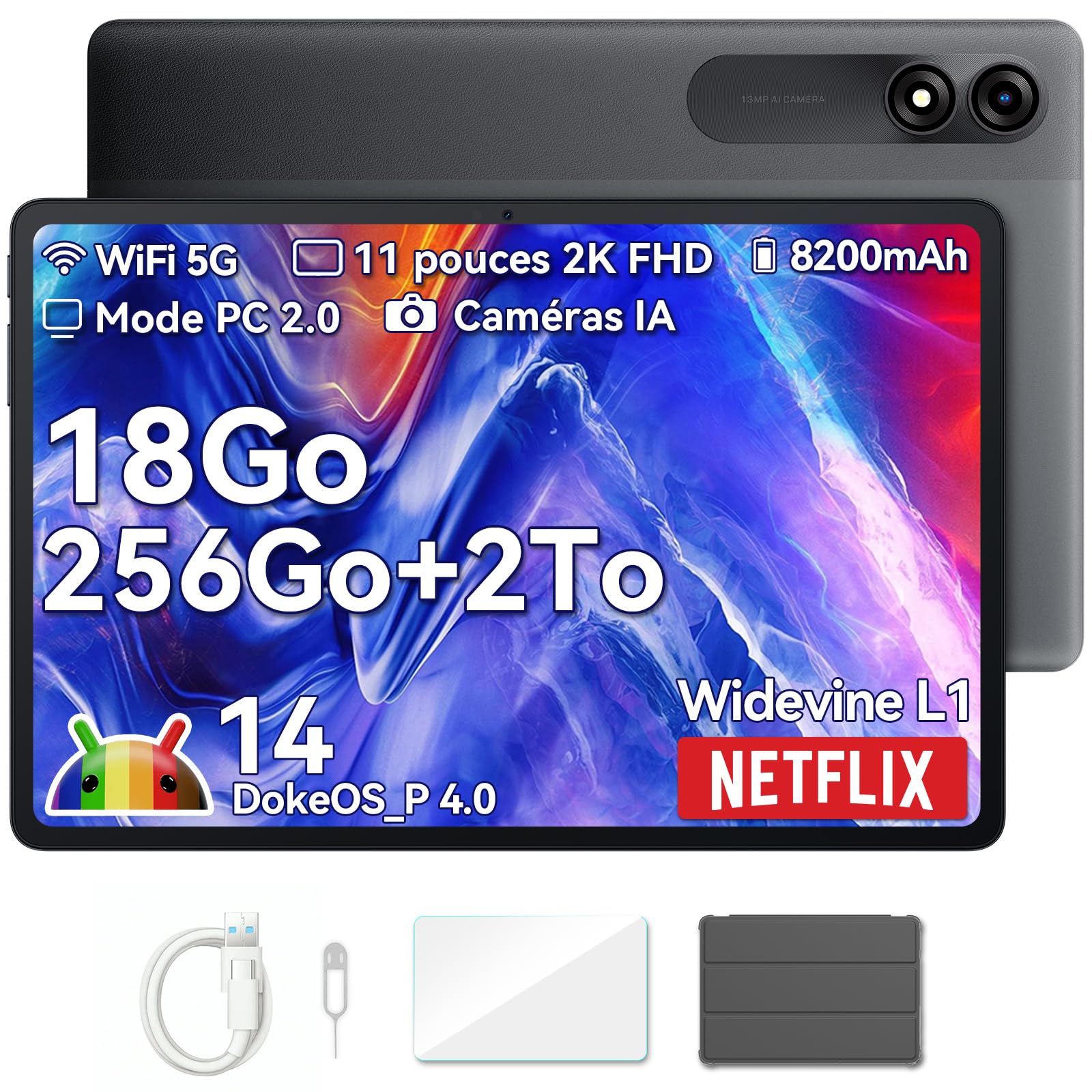 Blackview Tab9WiFi Tablette 11 Pouces 2K FHD+, 18Go + 256Go (TF 2To), Octa Core Tablette Gaming, Android 14, Gemini AI, Tablette Tactile avec Widevine L1, 8200mAh, GMS, Bluetooth 5.0, Face ID