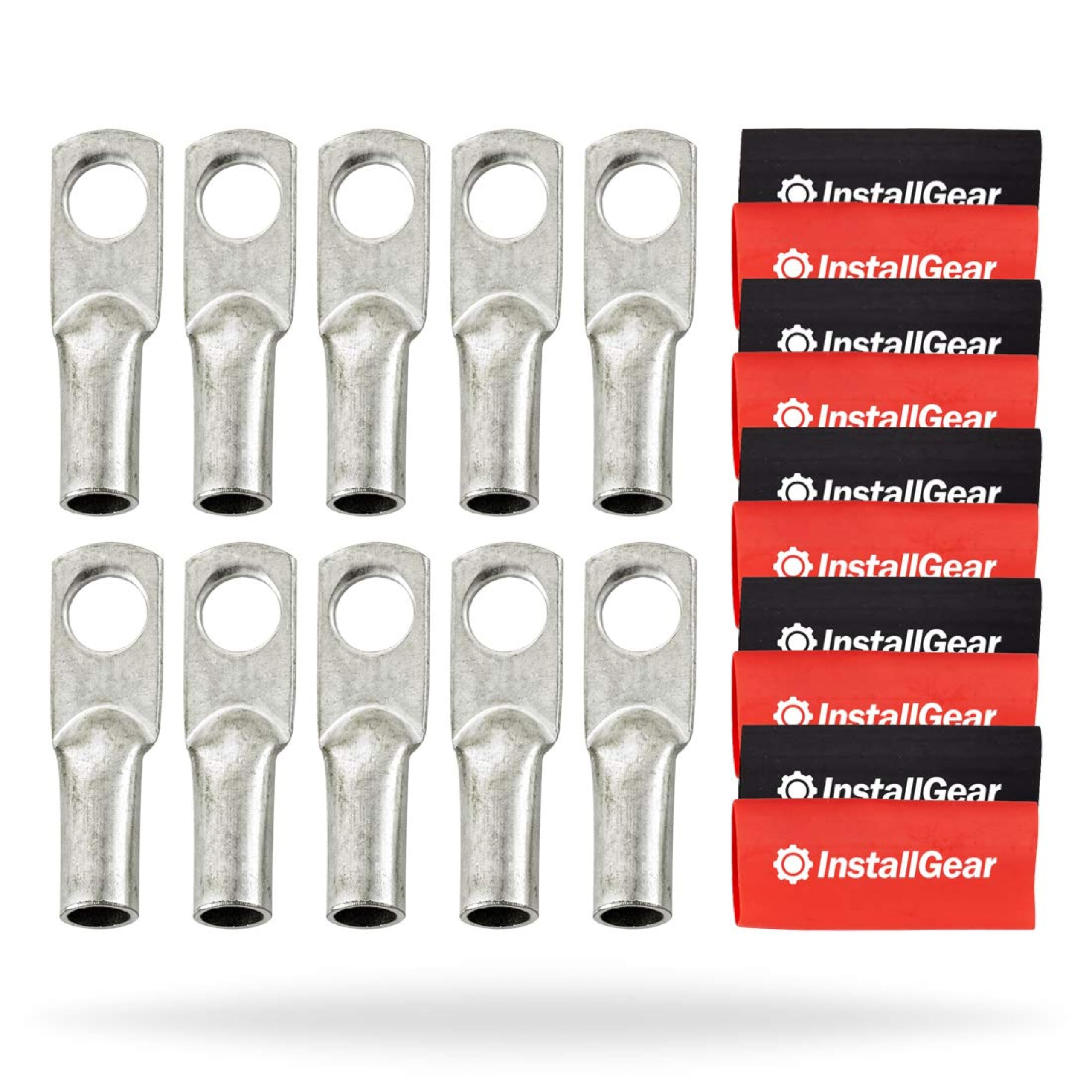 InstallGear 4 Gauge Tinned Copper Lugs – 10-Pack With Heat Shrink Tubing, 7/16" Ring For Battery & Audio Cables
