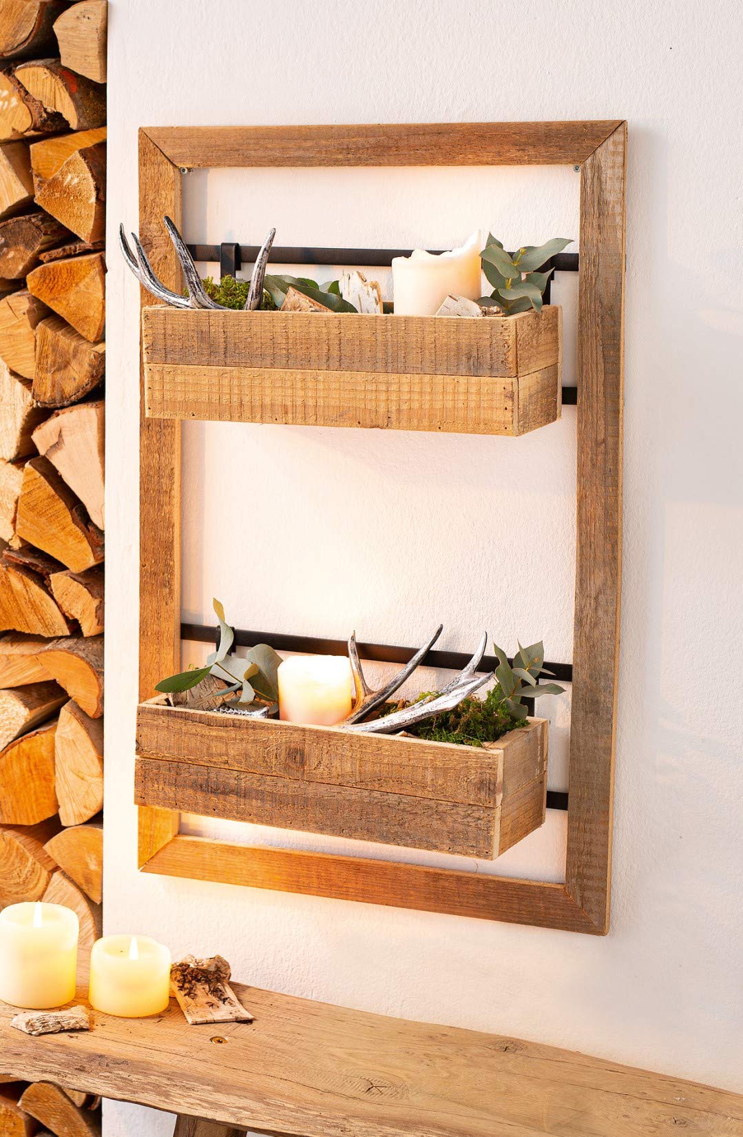 Wand-Pflanzer Industrial aus Holz mit 2 Blumenksten