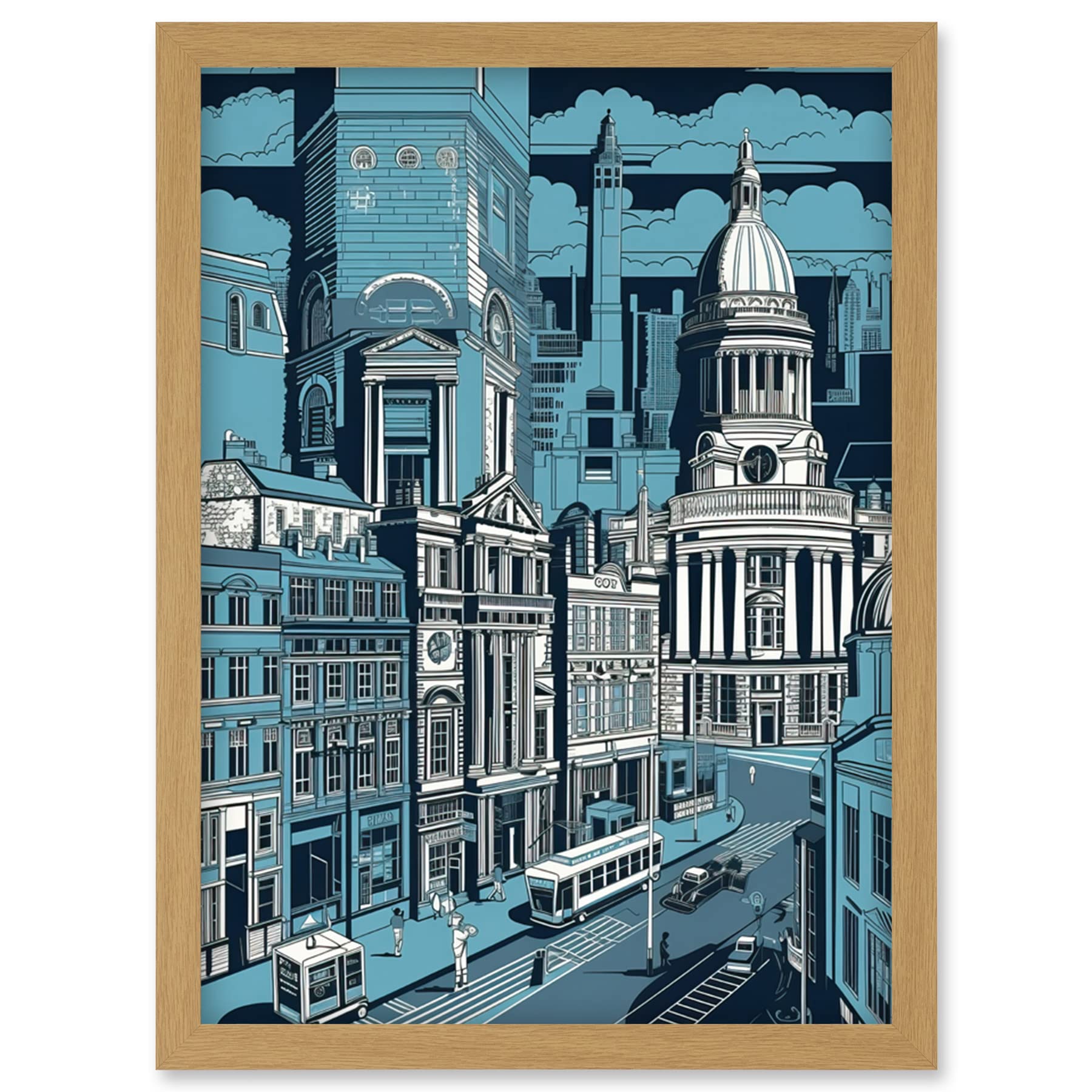 Artery8 Belfast Cityscape City Centre Hall Linocut Style Artwork Framed Wall Art Print A4