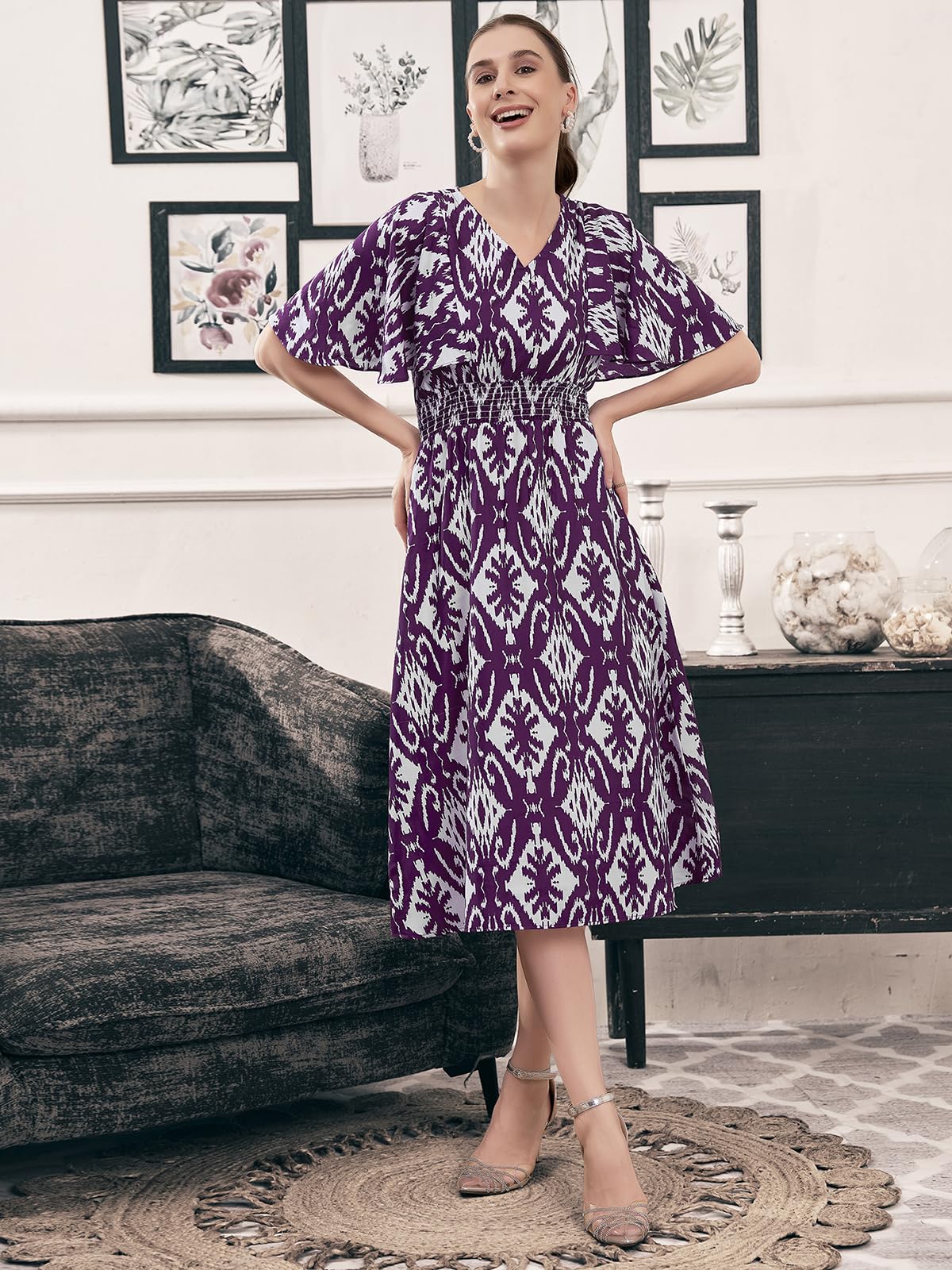 Selvia Western Dress For Women | Printed Crepe Western Dress For Women | Fit & Flare Dress For Women | One Piece Dress For Women (637Dtk7715N-Xs_Dark Purple & White)