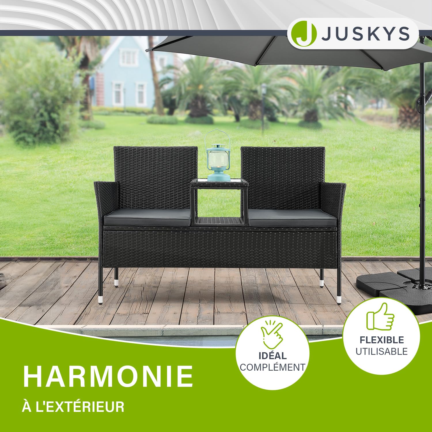 Juskys Banquette de Jardin en polyrotin Monaco - Banc 2 Places avec Table & Coussins - 133 × 63 × 84 cm - rotin résistant aux intempéries, pour Jardins et balcons - Noir