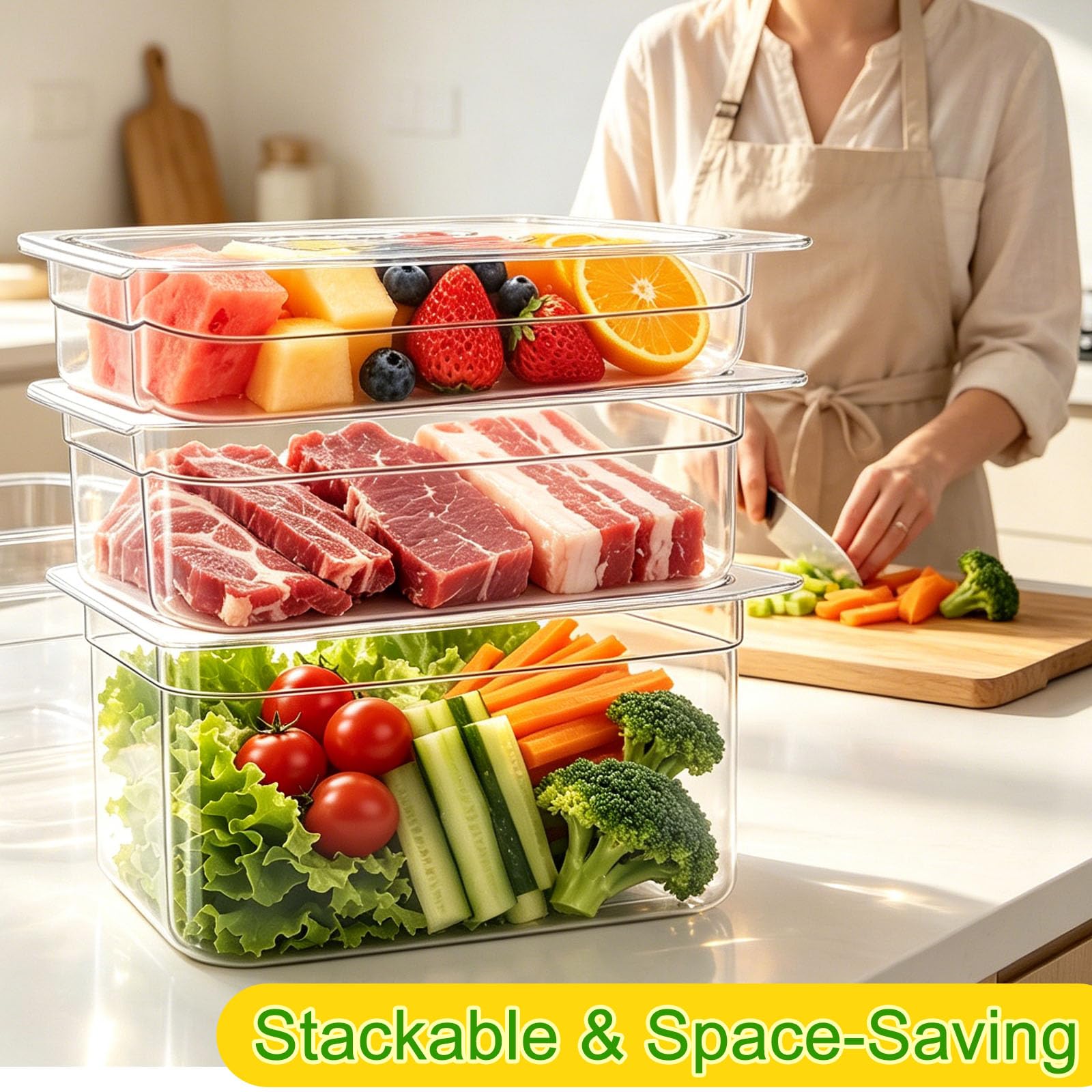 Confezione da 6 teglie per alimenti in plastica profonde da 15,2 cm, con coperchio, in policarbonato, per ristoranti, commerciali, impilabili, trasparenti, con coperchio, per frutta, verdura
