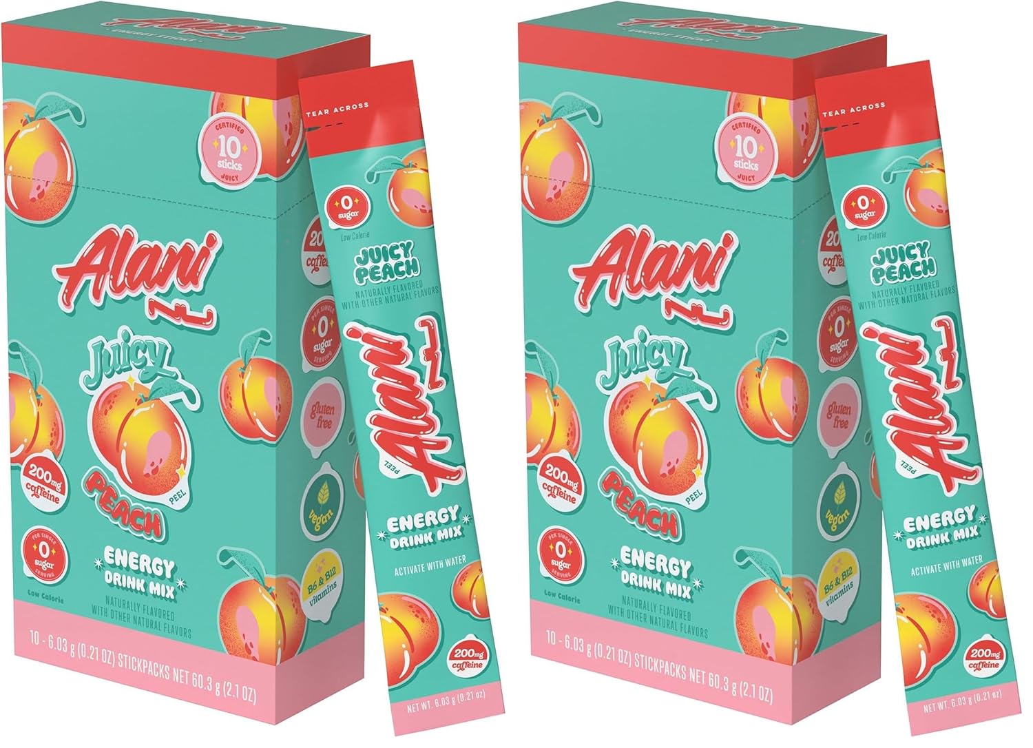 Alani Nu JUICY PEACH Energy Sticks-Energy Drink Powder | 200mg Caffeine-Pre Workout Performance with Antioxidants | On-The-Go Drink Mix | Biotin,B Vits | Zero Sugar | 10 Calories |10 Count (Pack of 2)