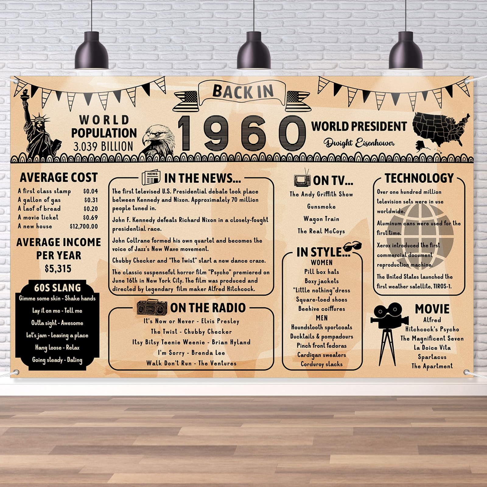 Back in 1960 Backdrop Large Wall Banner, Retro Style Happy 66th Birthday Wedding Anniversary 66 Years Class Reunion Poster Background for Men Women