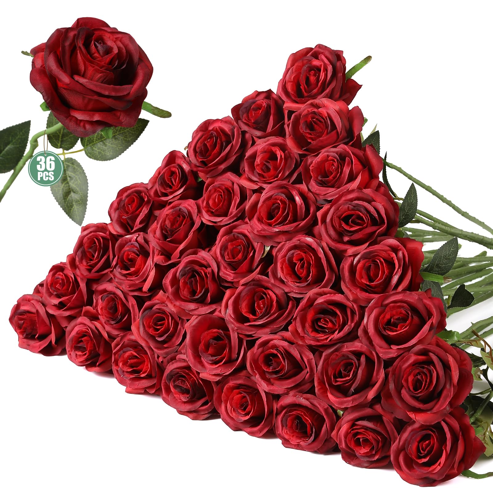 Tifuly 36 Pcs Red Roses Artificial Flowers in Bulk, Realistic Long Stem Fake Silk Roses for Party Home Wedding Centerpiece Office DIY Bouquets Decor（