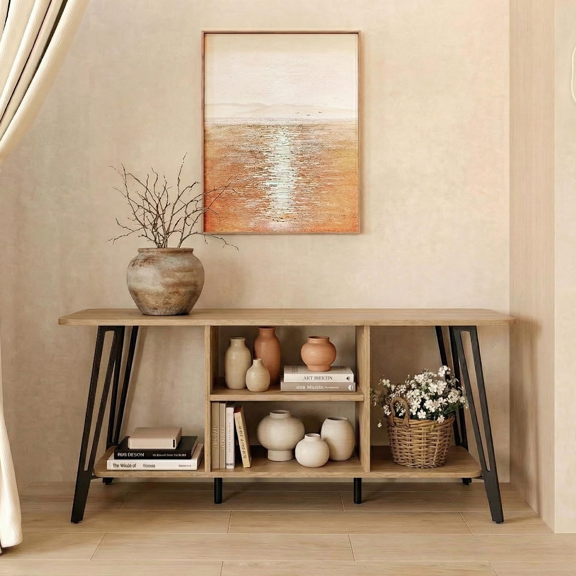 Manora Mueble de TV Moderno Industrial, Mesa de TV para hasta 55 Pulgadas, Mueble TV Salon con Compartimentos Abiertos, Mueble Television para Salon, Dormitorio, 120 x 35 x 52 cm, Roble