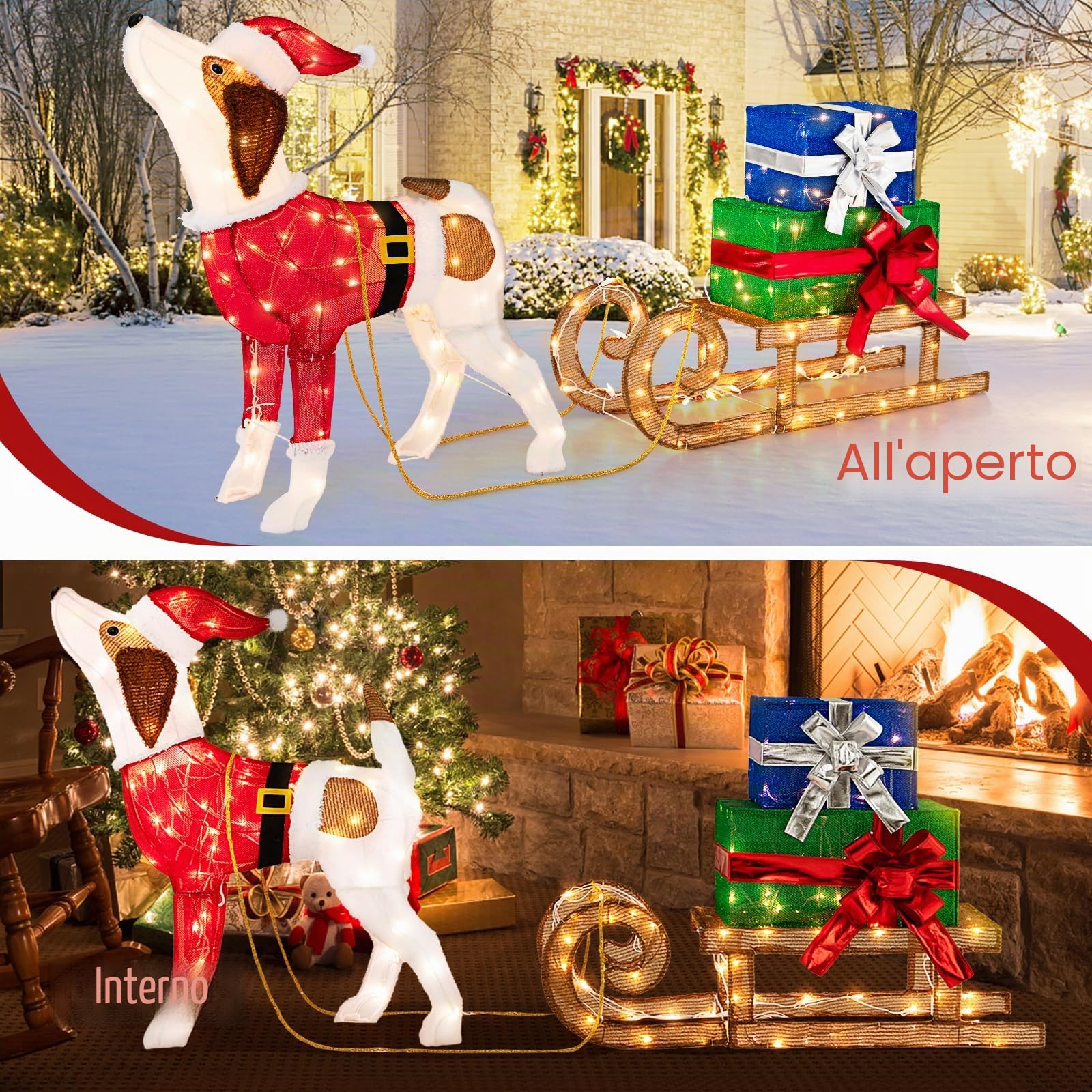 SOARS Decorazione Natalizio cane con slitta, statuetta con cappelli di Babbo Natale e costumi, illuminazione con 170 luci LED calde