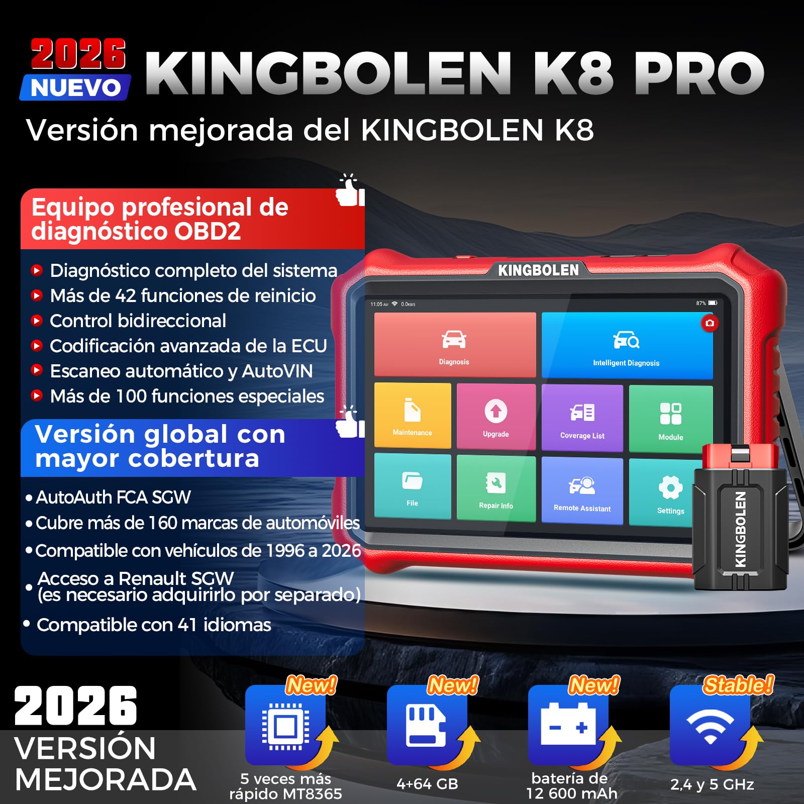 KINGBOLEN K8 Pro OBD2 Diagnosis Coche Multimarca, Bidireccional Maquina Diagnosis Coche, Codificación ECU Online,Sistema Completo Diagnosis 42+Reajustes, CANFD＆DOIP, FCA, Actualizaciones gratuitas