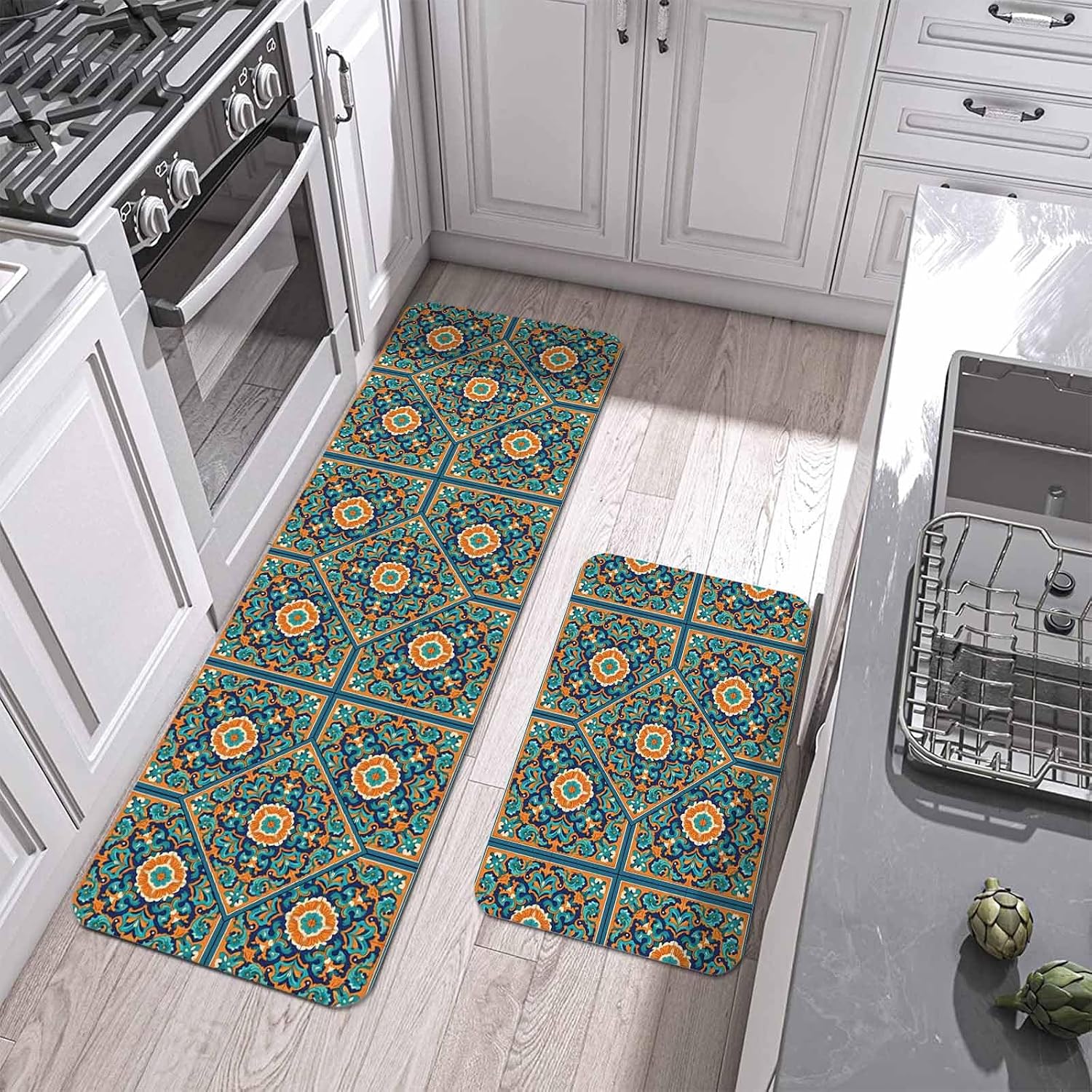 Moroccan Floral Pattern Kitchen Mat Set 2 Pieces Turquoise Orange Flower Bohemian Country Non Slip Kitchen Rugs Washable Runner Rug Mats for Floor Sink Laundry Office 23.6" x 35.4"+23.6" x 70.9"