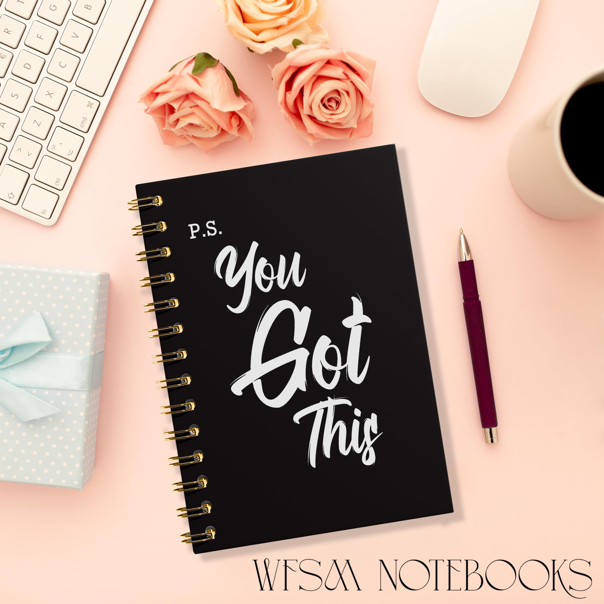 WFSM You Got This - Cuaderno de espiral, cuadernos inspiradores para mujeres y hombres, diario motivacional, cuadernos en espiral de tapa dura negra para tomar notas de trabajo, 5.5 x 8.3 pulgadas