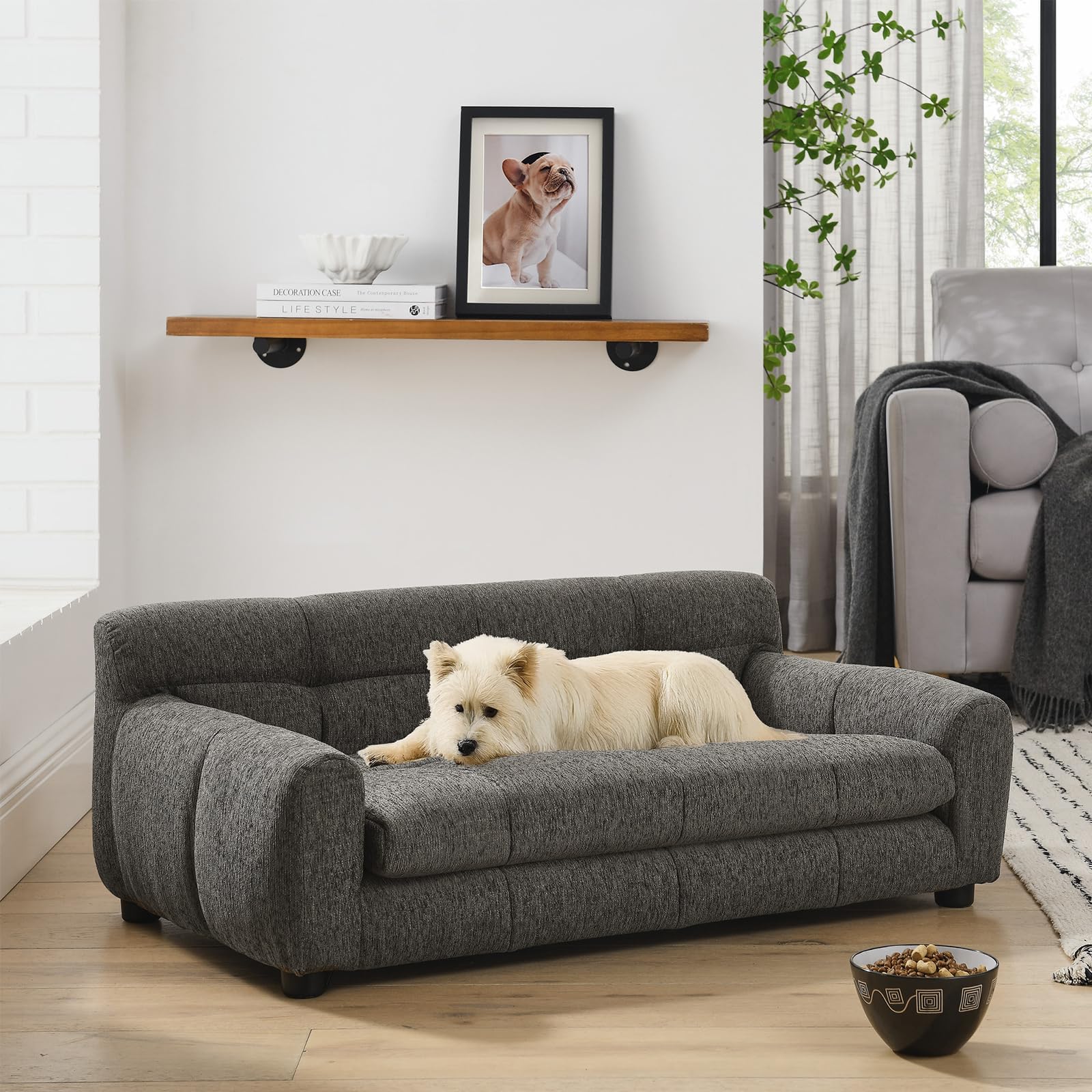 38" Pet Sofa Couch for Small and Medium Dogs, Soft Foam Cushion Dog Couch with Backrest &amp; Armrests, Short Leg Stable Design, Durable Linen Fabric Pet Bed, Modern Style