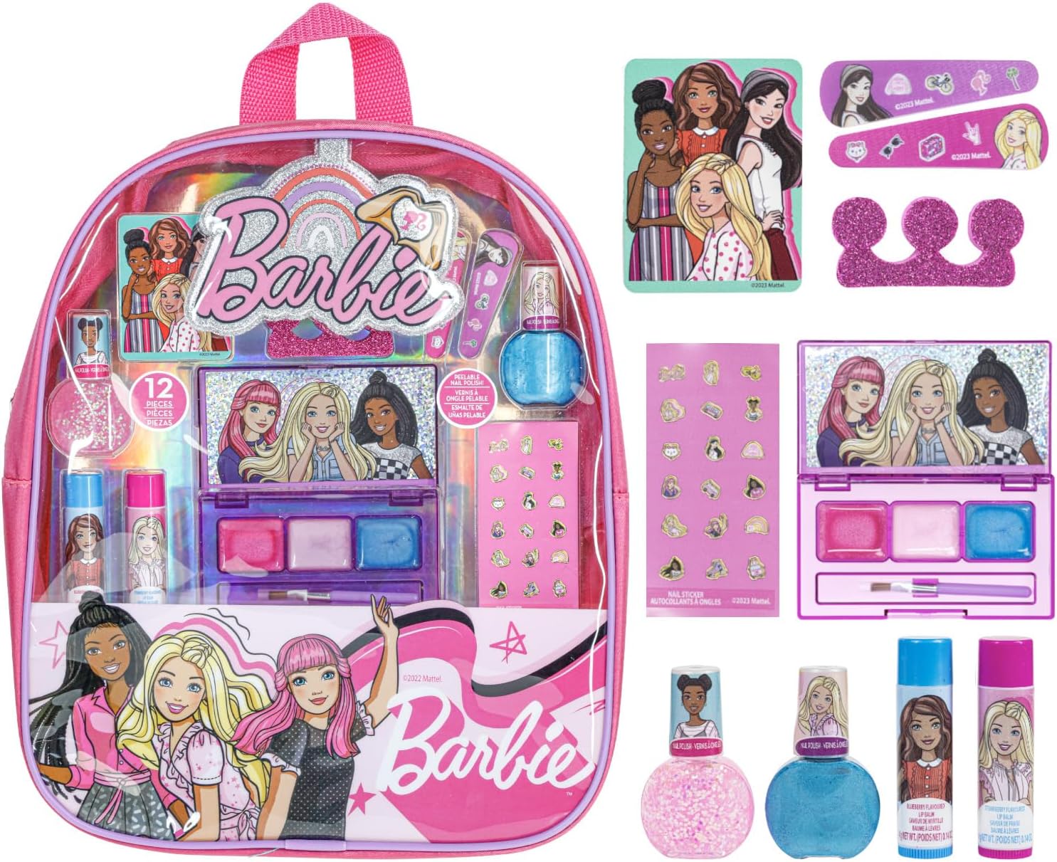 Barbie Makeup Filled Backpack Set, Including Lip Balm, Nail Polish, Nail File, Hair Bows, and Other Accessories, Ages 3+ for Parties, Sleepovers and Makeovers, By Townley Girl