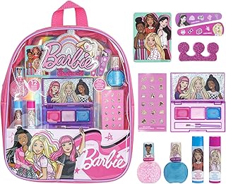 Barbie Makeup Filled Backpack Set, Including Lip Balm, Nail Polish, Nail File, Hair Bows Ages 3+ for Parties, Sleepovers Makeovers, by Townley Girl