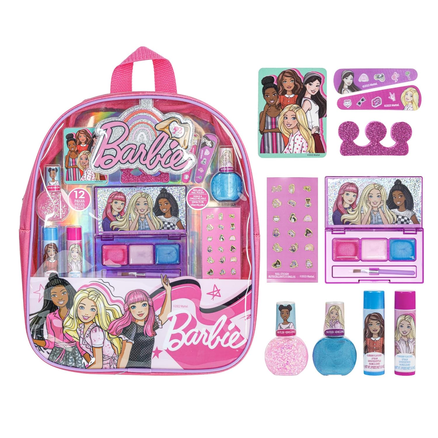 Barbie Makeup Filled Backpack Set, Including Lip Balm, Nail Polish, Nail File, Hair Bows Ages 3+ for Parties, Sleepovers Makeovers, by Townley Girl