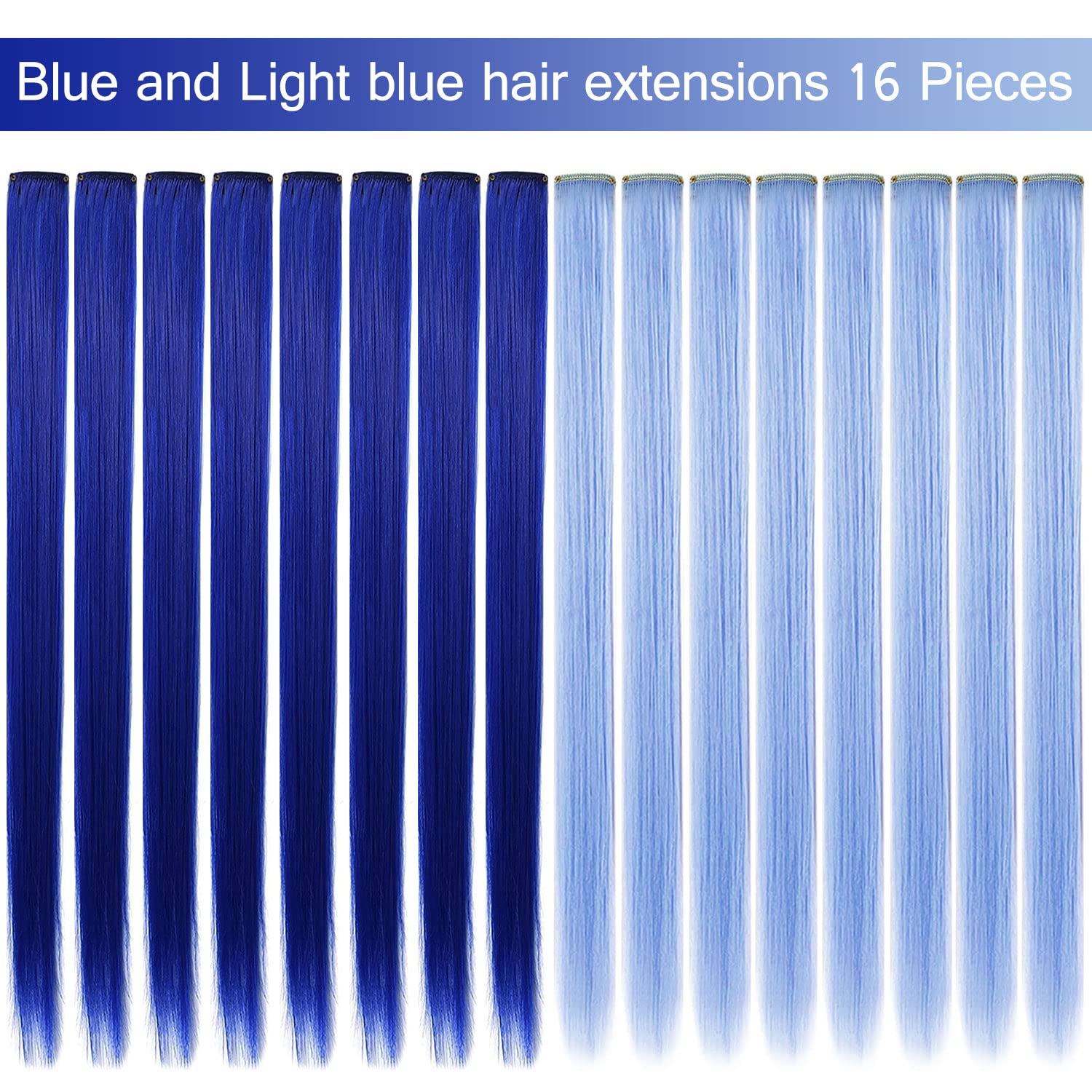 MQY COLOR 12 PCS Multi Colored Hair Extensions Clip in,Blue Hairpieces Party Highlights DIY Hair Accessories for Girls Women 21 Inches Long Hair (Dark blue,Light blue) - Image 2