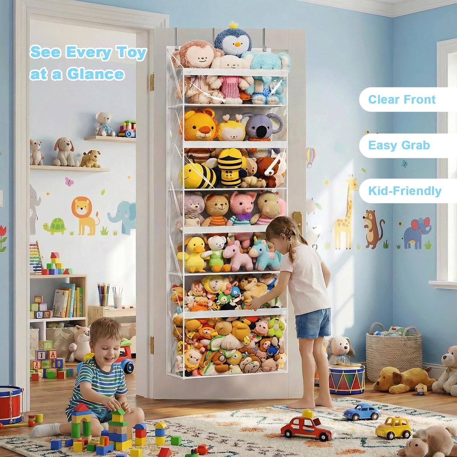 UVIAHOMI Heavy Duty Stuffed Animal Storage, 4-Tier Clear Extra Large Over The Door Organizer for Stuffies, Baby Ideas Holder, Toy Plush Hanging Organizer Big Girls Toddler Bag Animals Stuffy, White