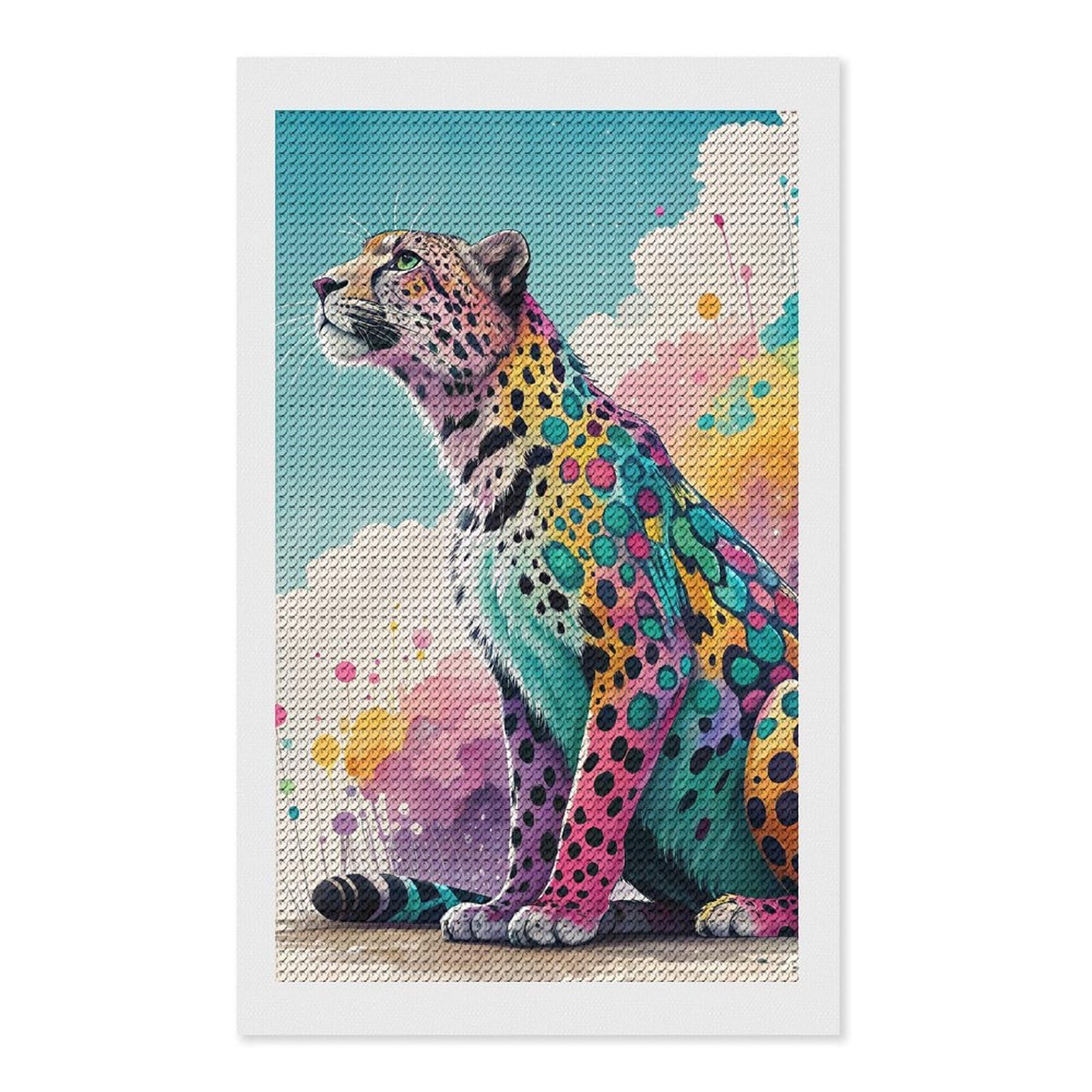 Junmoney Colorful Jaguar in A Dreamy Sky Diamond Painting Canvas Set 12"x20", Boho Decor, for Craft Lovers, Easy Handmade Project, Holiday Gift Idea