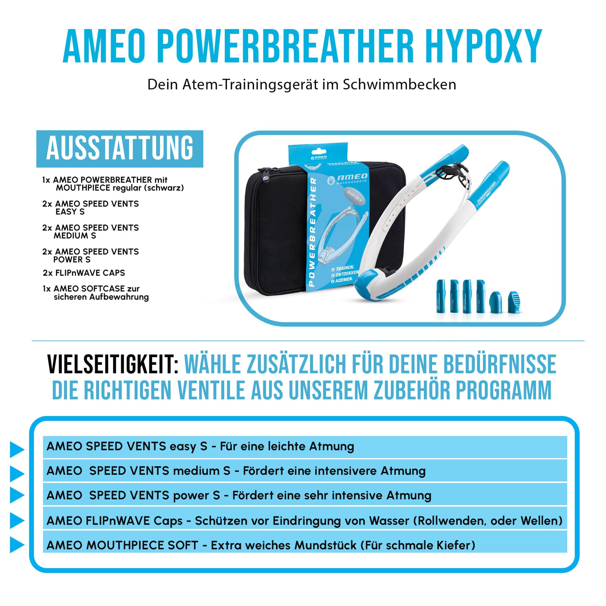 Ameo POWERBREATHER Hypoxy Plus – Kit de plongée 100 % d'air frais pour adultes et enfants – Kit tuba avec système de valve intelligent et air respiratoire 100 % sec
