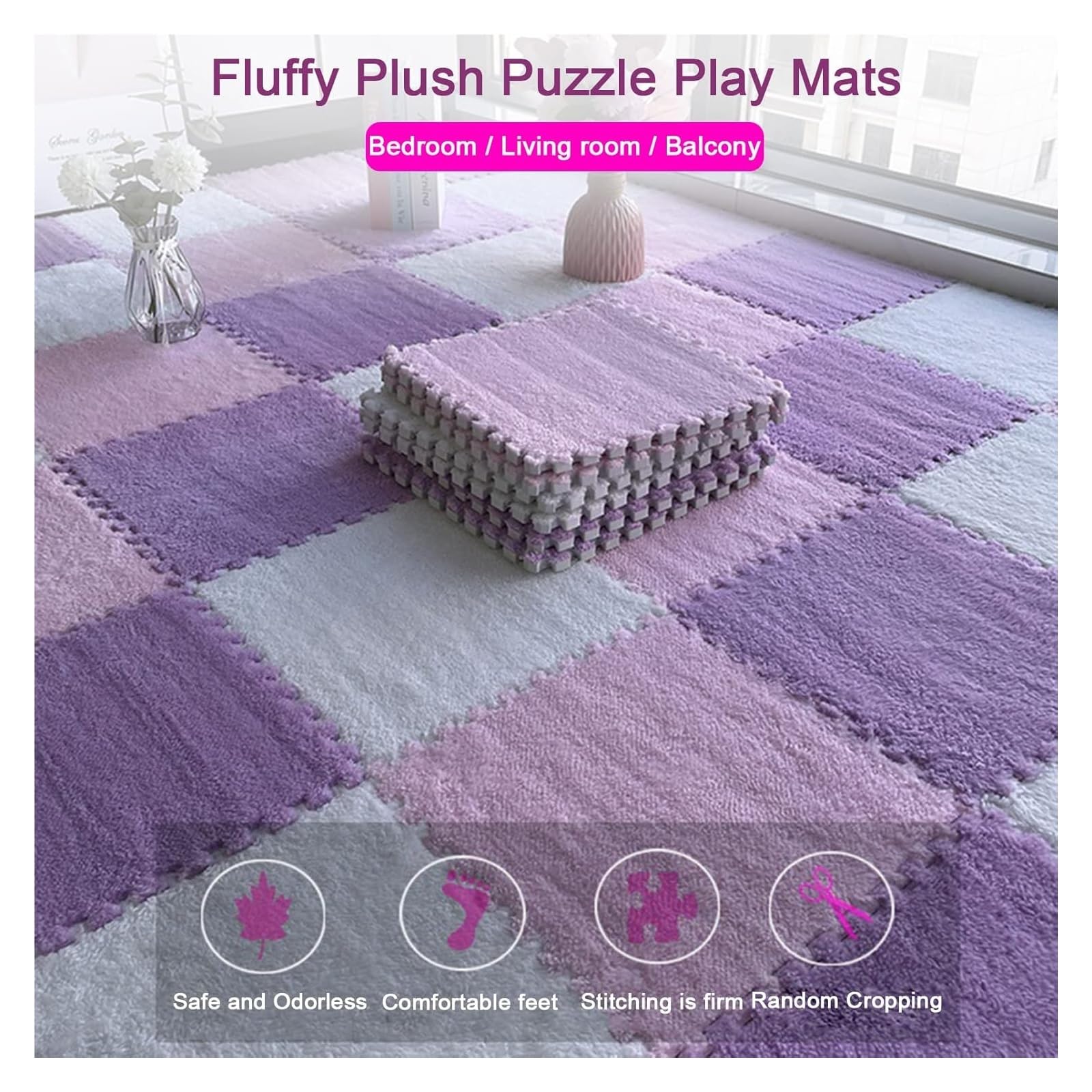 Plüsch-Puzzle-Schaumstoffmatte,Waschbare Puzzle-FL 20 stücke Schaum Boden Matte Teppich Shaggy Weiche Eva Schaum Matten Flauschigen Teppich Plüsch Boden Fliesen 30X30cm(Grau)