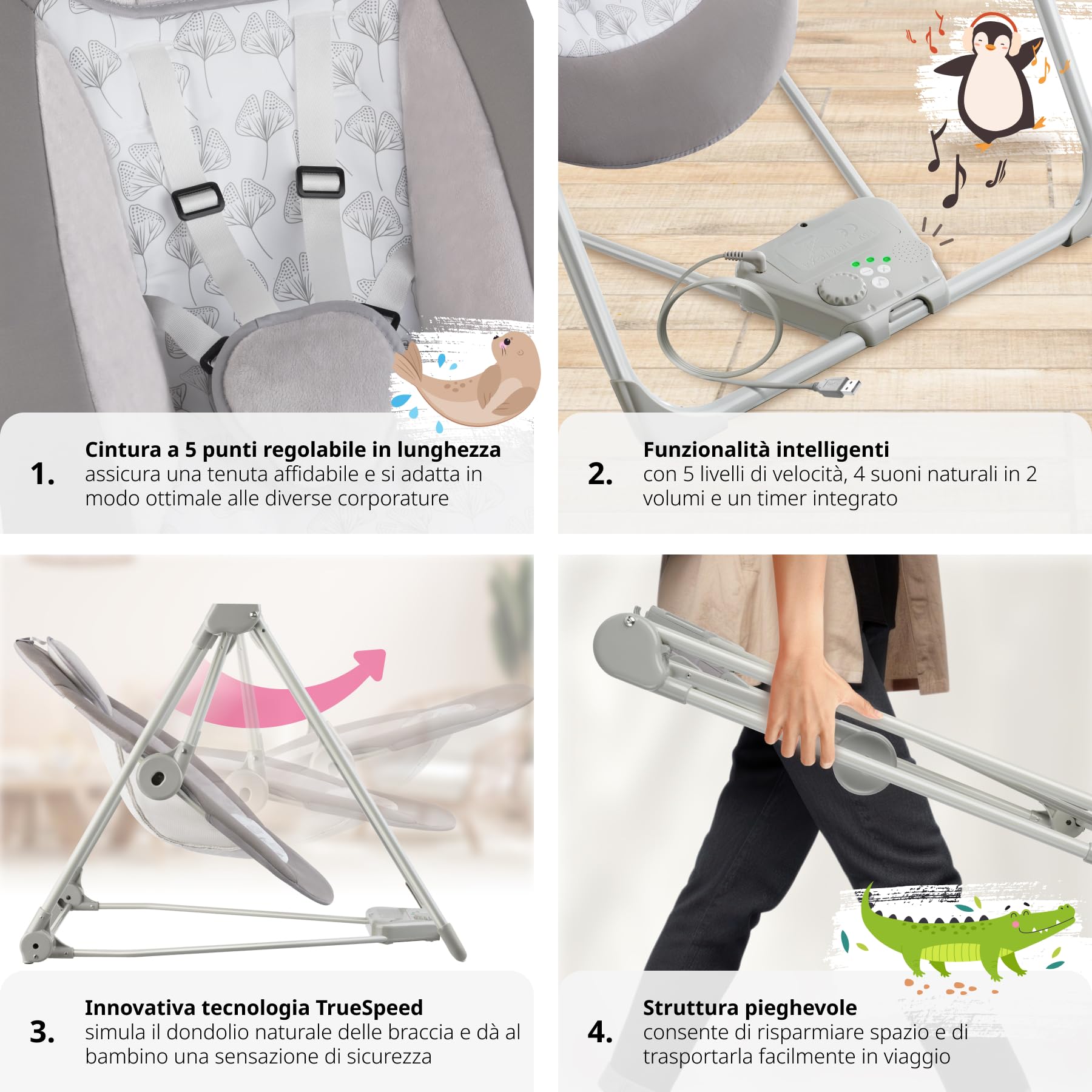 tectake® Dondolo Elettrico per Neonati, 5 Livelli di Velocità, Dondolo Bambini con Timer, Arco Giochi con Peluche, Dondolo per Bambini con Suoni Naturali Rilassanti - Grigio Chiaro