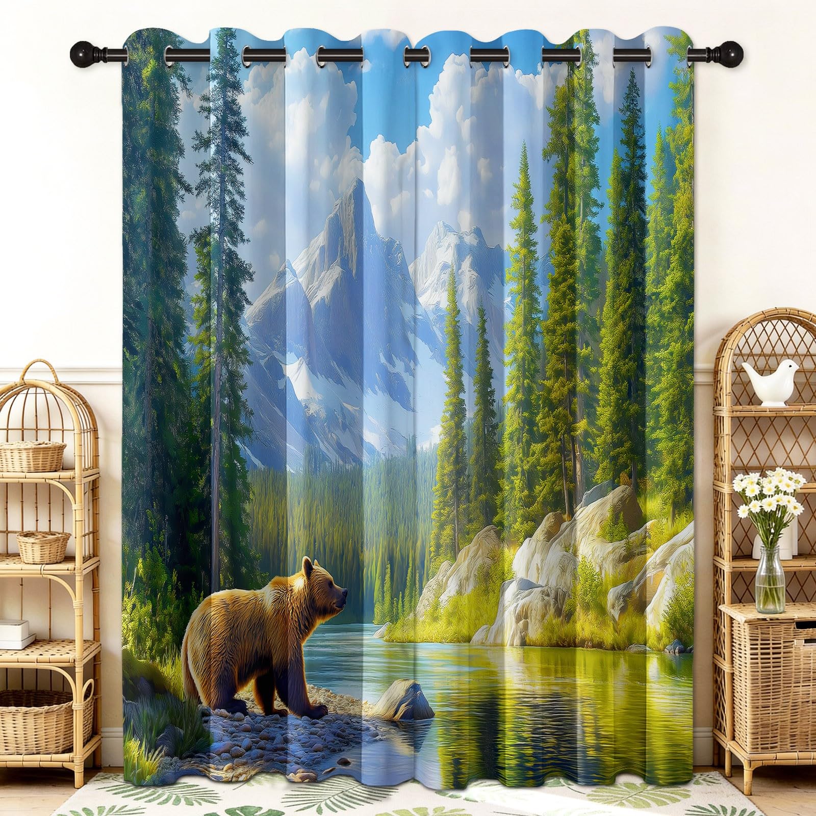 Zasłony zaciemniające z nadrukiem, 140 x 250 cm, zwierzęta grizzly niedźwiedź las strumień izolacja termiczna, zasłony redukujące hałas, energooszczędne, w pełni wyściełane, zasłony blokujące światło