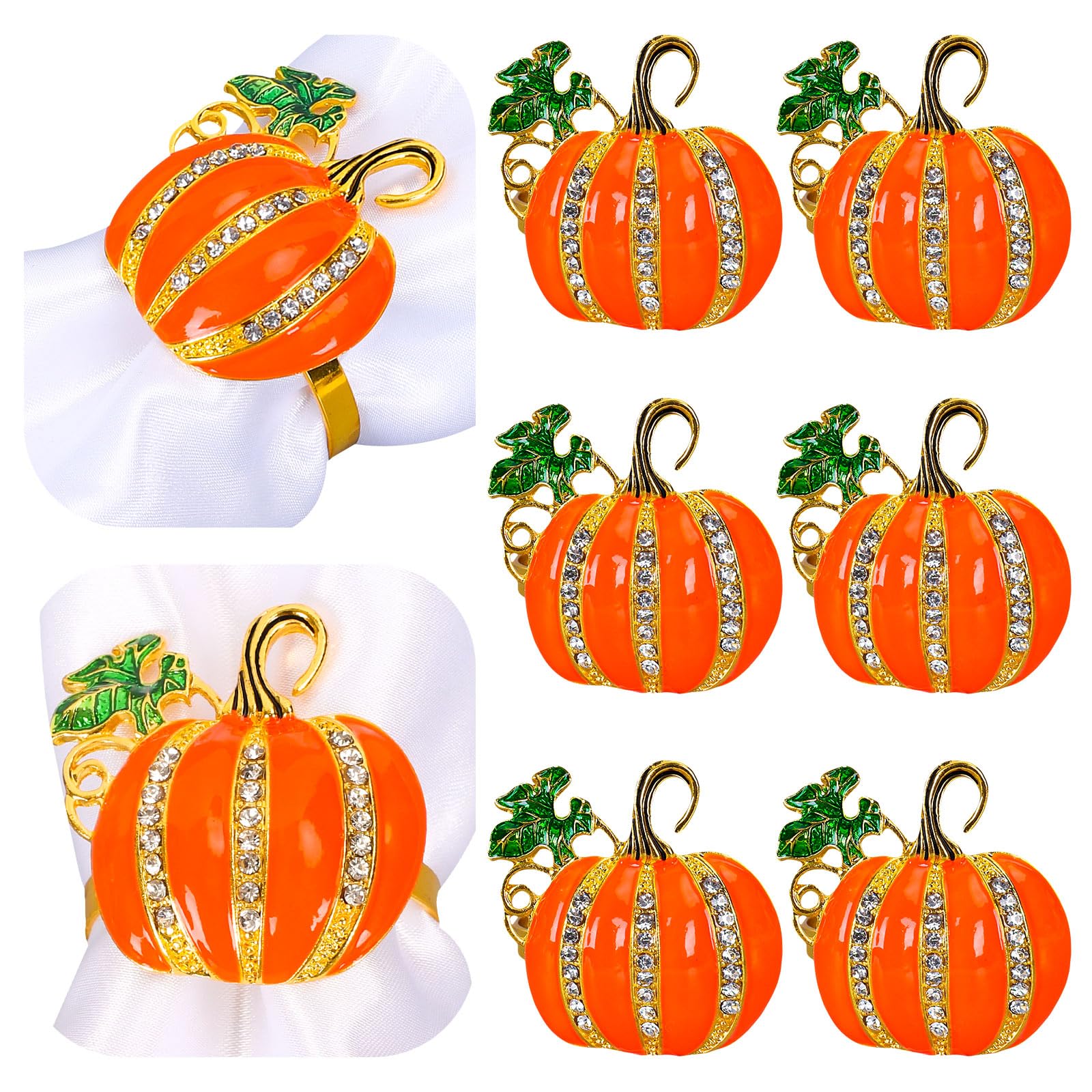 Whaline 6 Stück Kürbis-Serviettenringhalter Herbst Thanksgiving Serviettenringe Metall Herbst Kürbis Serviettenschnalle mit Strass Abendessen Tischringe für Party Familientreffen Hochzeit