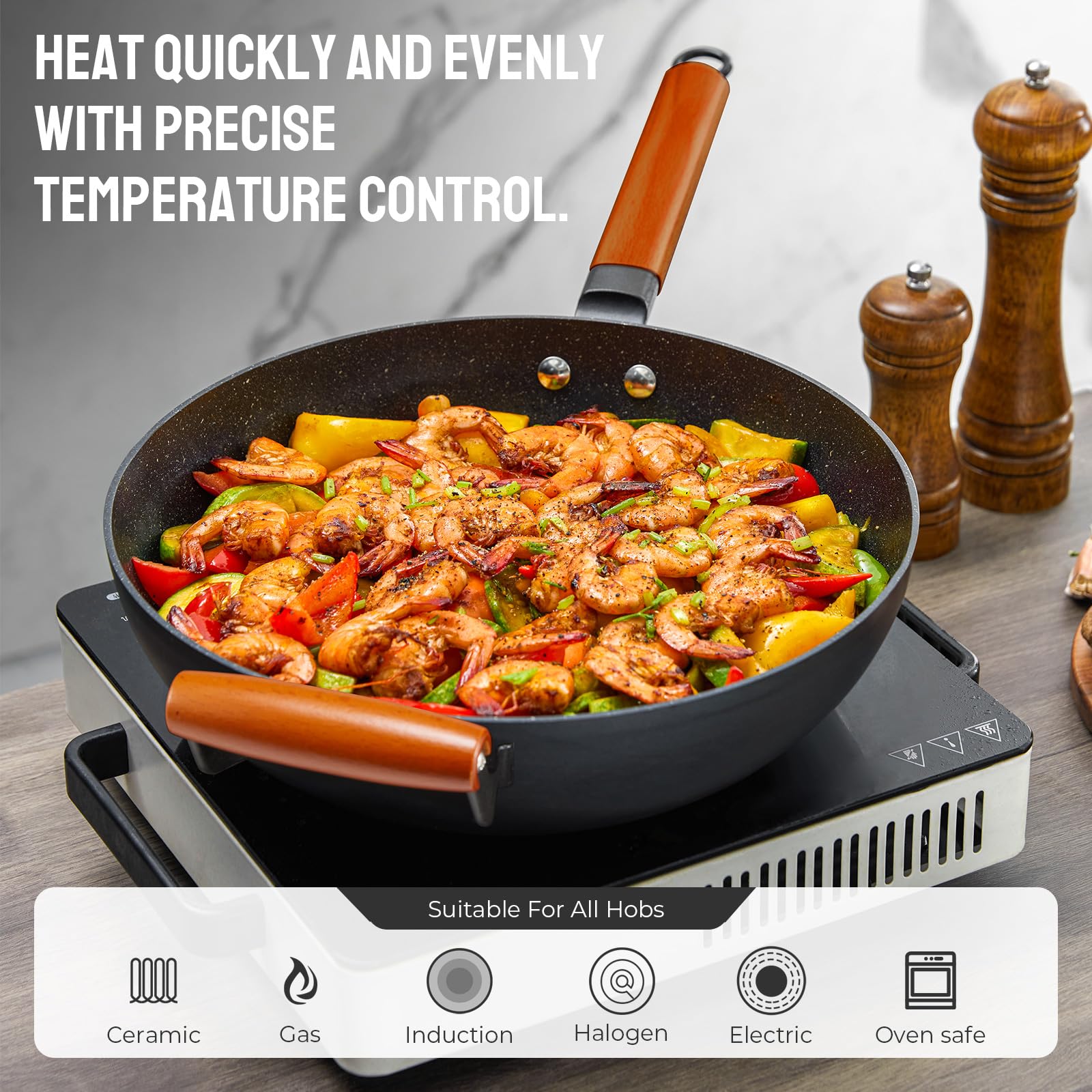 BEZIA Wok antiaderente a induzione, padella wok antiaderente da 32 cm con coperchio, wok con fondo piatto, manico in legno rimovibile, compatibile con tutti i fornelli