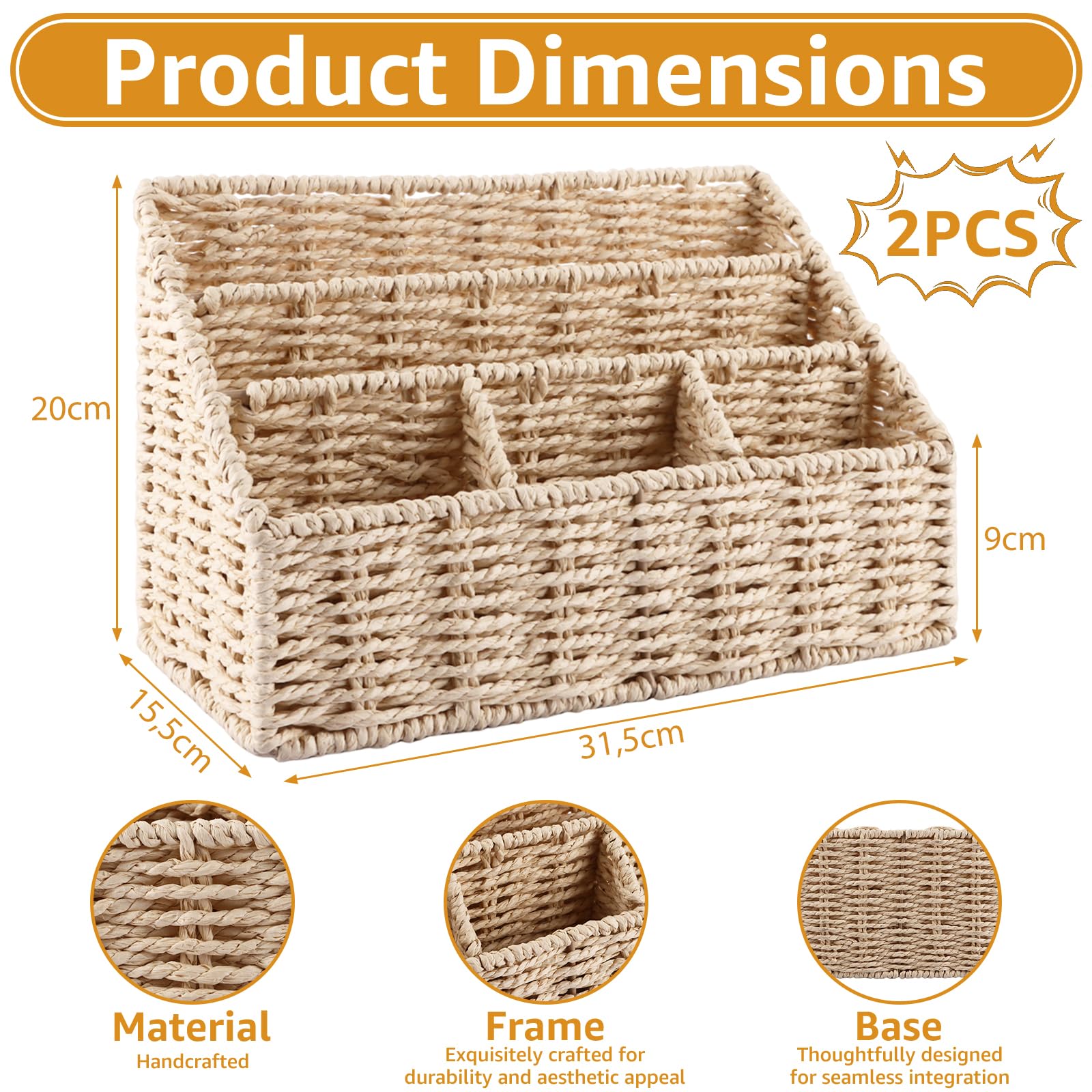 DAJAVE Lot de 2 organisateurs de bureau tissés naturels pour stylos et notes, 31,5 x 15,5 x 20 cm, organisateurs de bureau