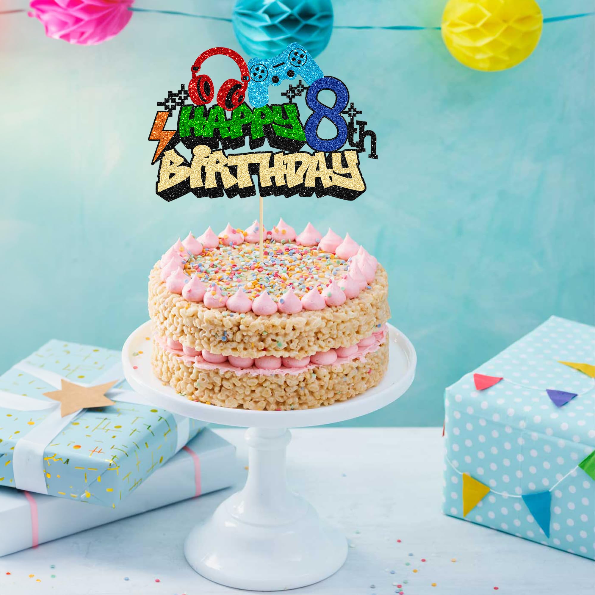 Gyufise 1Pcs Video Game Happy 8th Birthday Cake Topper Glitter Video Game Cake Pick Game On Controllers Tenth Cheers to 8 Years Cake Decoration for Boys 8th Birthday Party Supplies 3