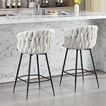 BFZ Bar Stools Set of 2 for Kitchen Counter, 26 inch Modern Fabric Counter Height Barstools, 360° Swivel Bar Chairs Stools with Woven Back and Footrest for Bar, Kitchen Island