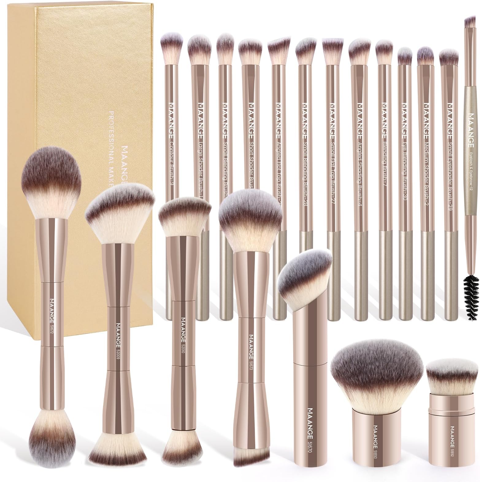 MAANGE 20 Pcs Makeup Brushes with Gift Box, Double-End Multi-functional Makeup Brushes for Blending Liquid Powder Concealer Cream Blush Buffe,Champagne