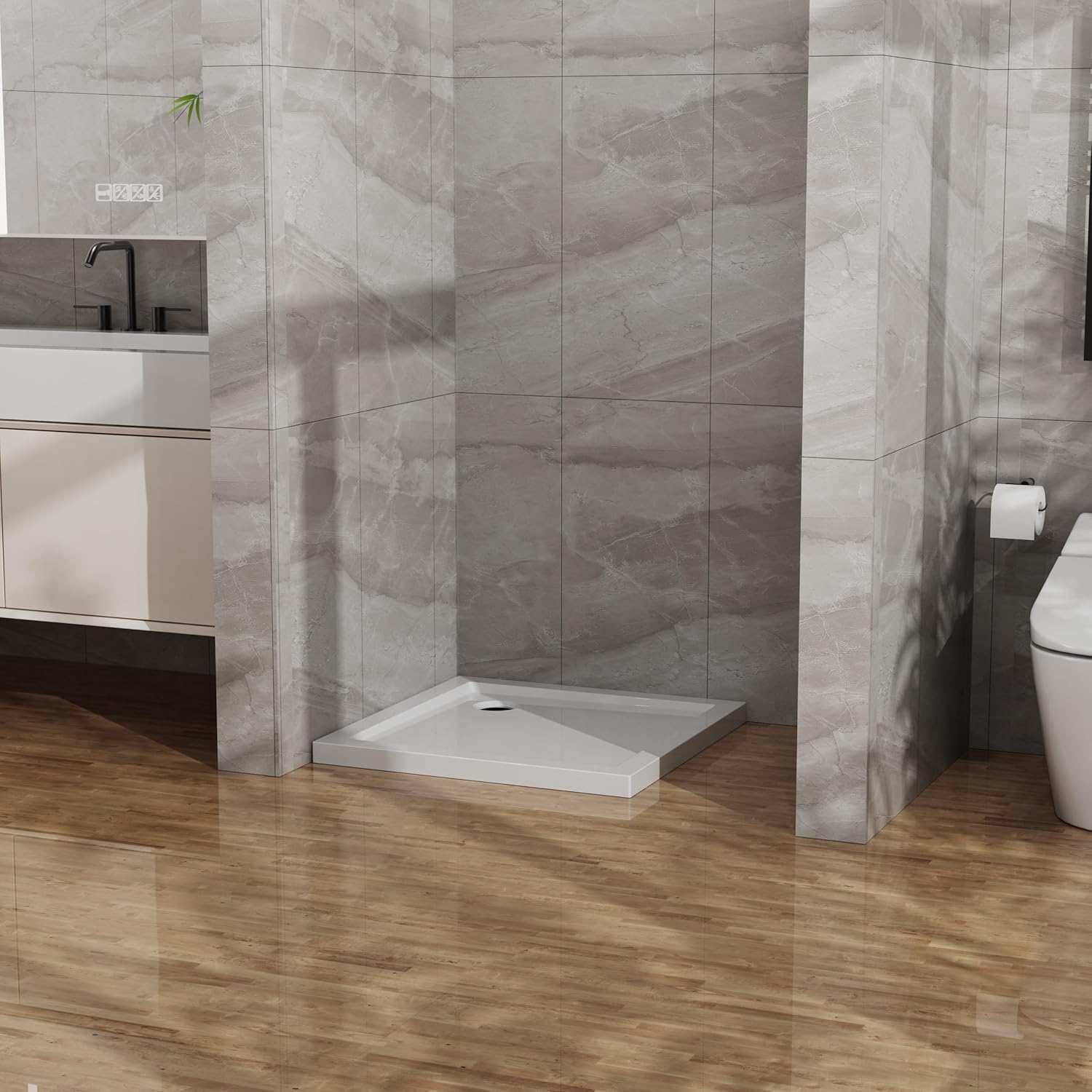 32-inch × 32-inch Corner Drain Shower Pan, crafted from five layers of acrylic and ABS material, features an anti-slip design and comes without a drain pipe. (White, 32 * 32")