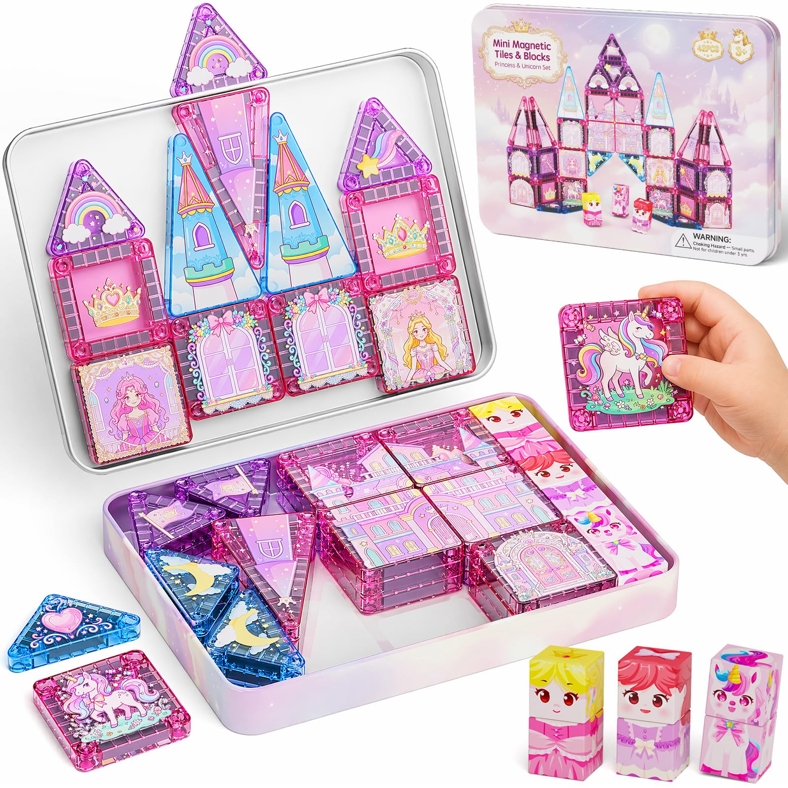 YOGOHEE Travel Magnetic Tiles for Girls: 42PCS Princess & Unicorn Building Blocks in 408g Portable Tin Box as Building Base – Perfect for Car, Plane, Train & Restaurant Ages 3-8