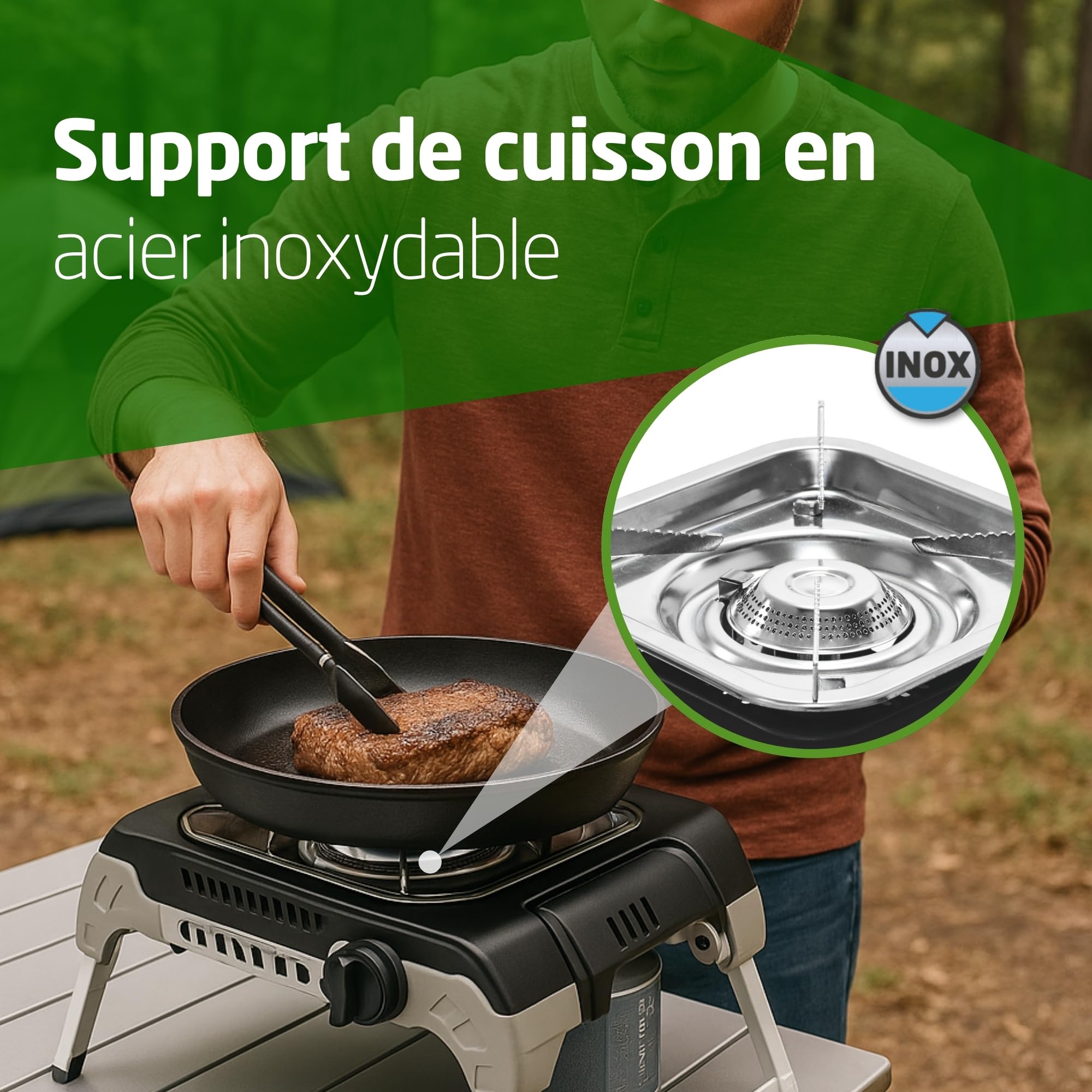 Amig – Camping Gas Möunt - Réchaud à Gaz Portable pour l’Extérieur – avec Support en Acier Inoxydable et Régulateur de Flamme – 2,4 kW de Puissance – Excursions et Camping – Certifié CE