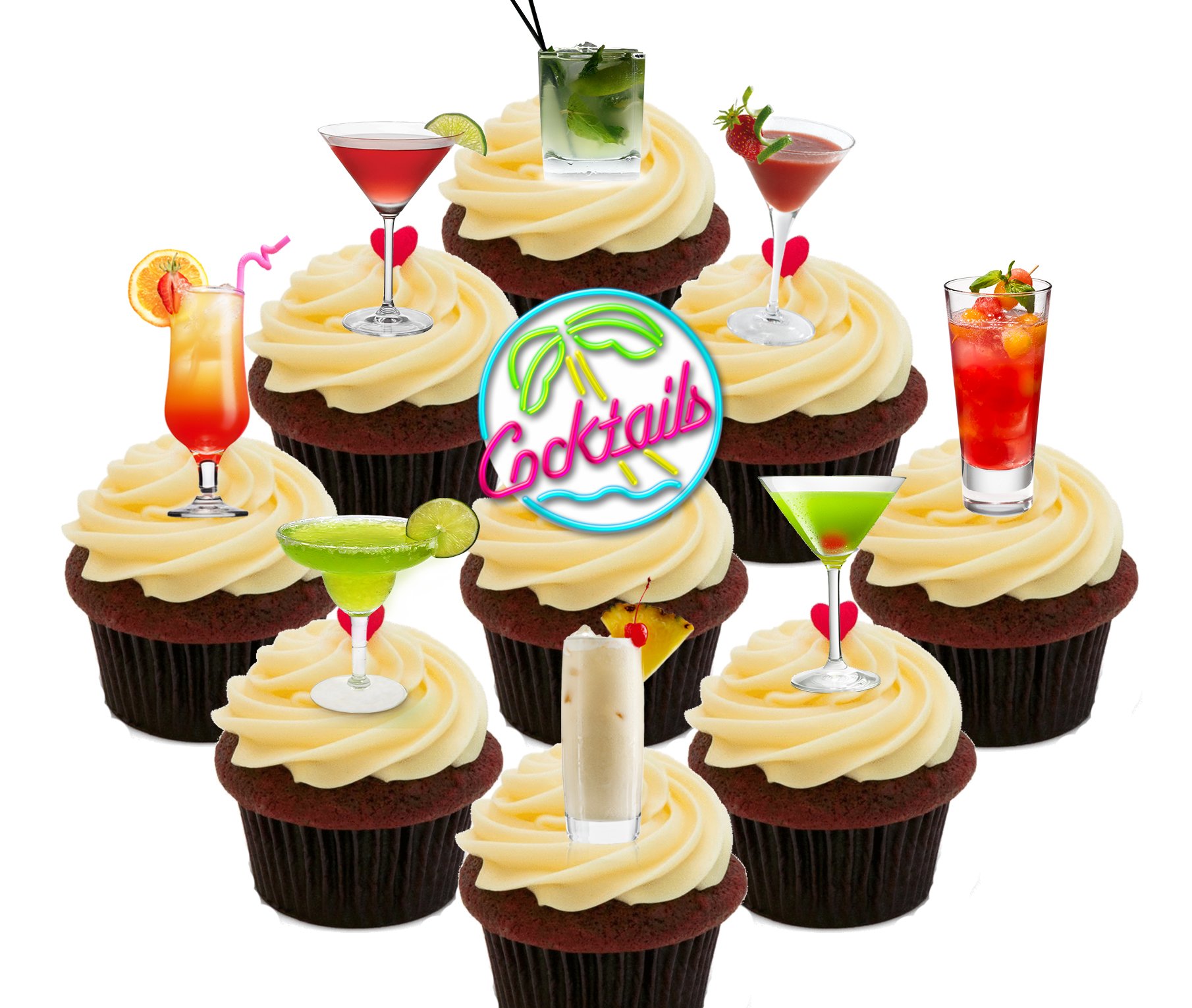 Made4You Cocktail Party Pack, Edible Cupcake Toppers - Stand-up Wafer Cake Decorations (Pack of 36)