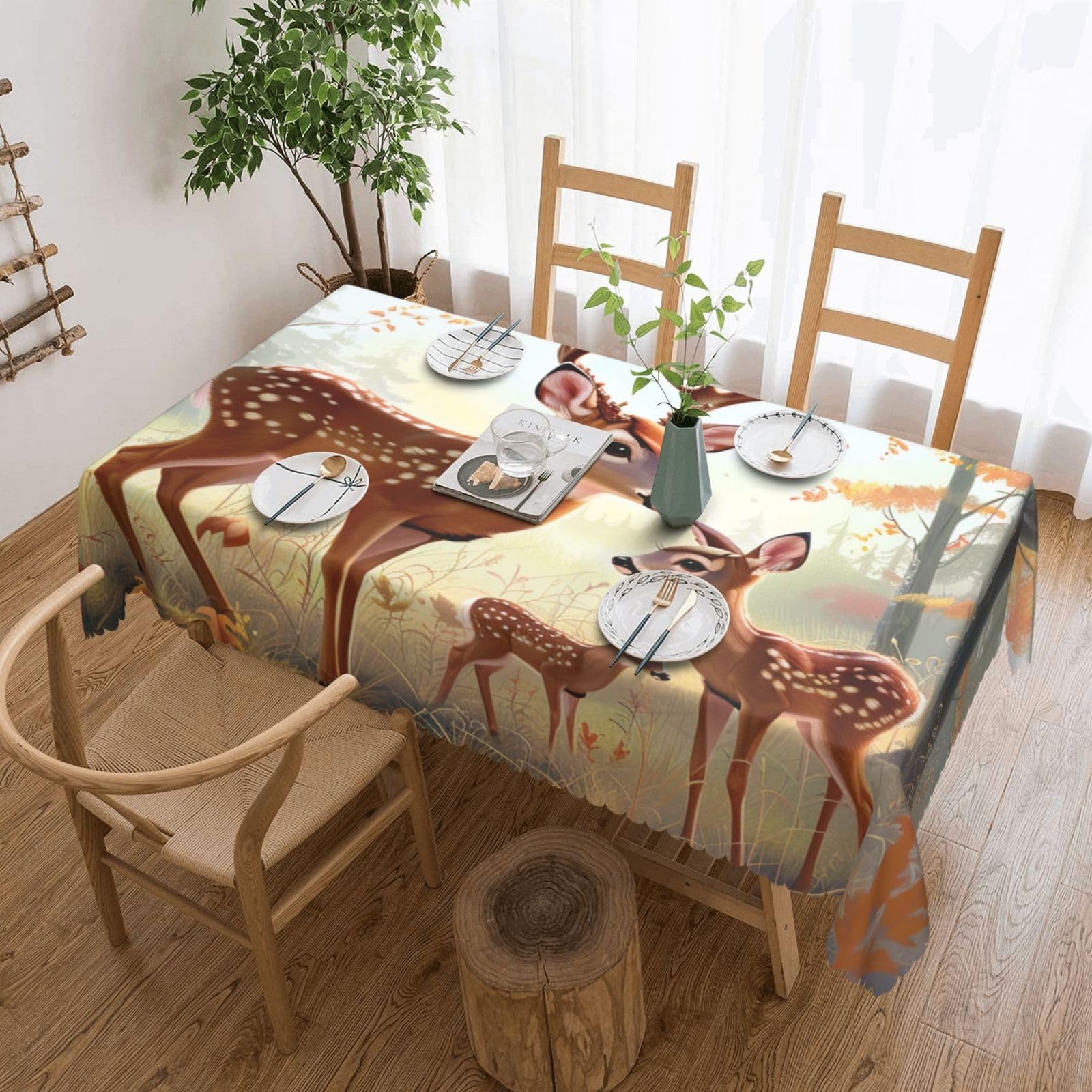 WPKJU Cute Deers Printed Rectangle Tablecloth 72x54 Inch with Lace Trim, Water-Resistant Washable Table Cover for Farmhouse Weddings, Outdoor Picnics & Holiday Dining