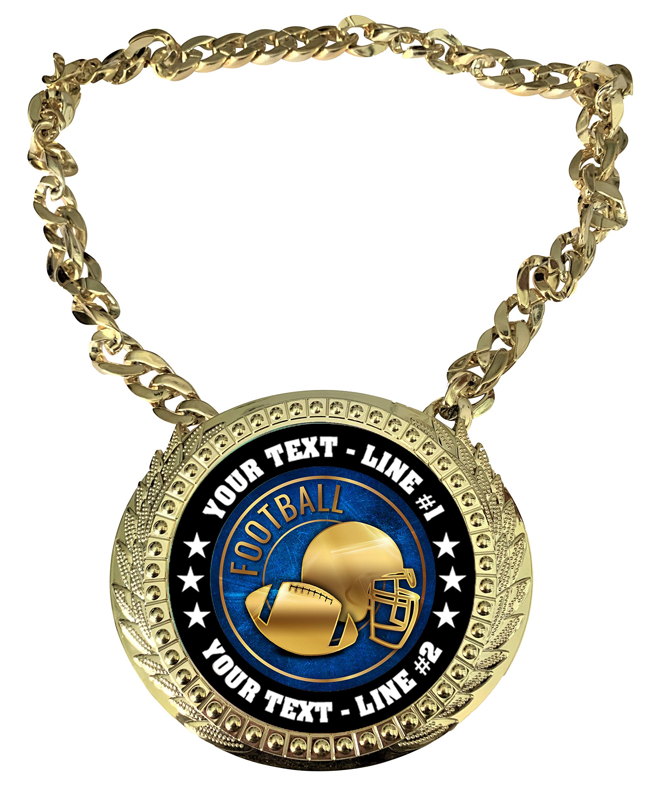 Express Medals Custom Football Champ Chain Trophy with 2 Lines of Personalized Text on a Large Rigid Plastic Award Medal and 34 Inch Long Gold Color Neck Chain. EG28