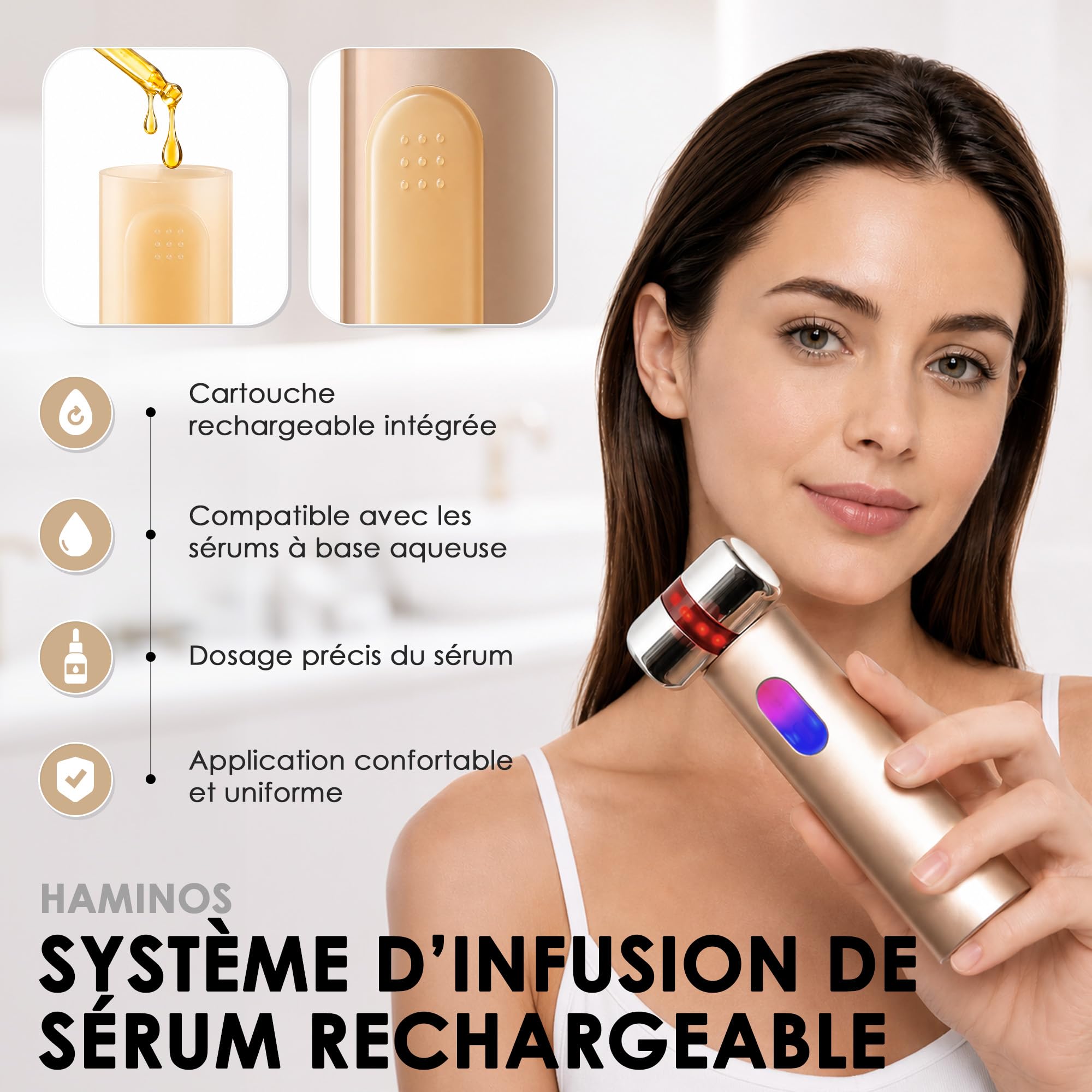 Appareil Visage Microcourant avec Infusion de Sérum, Masseur Visage LED Rouge, Bleue et Violette, 3 Intensités, Appareil Lifting Visage Rechargeable USB-C