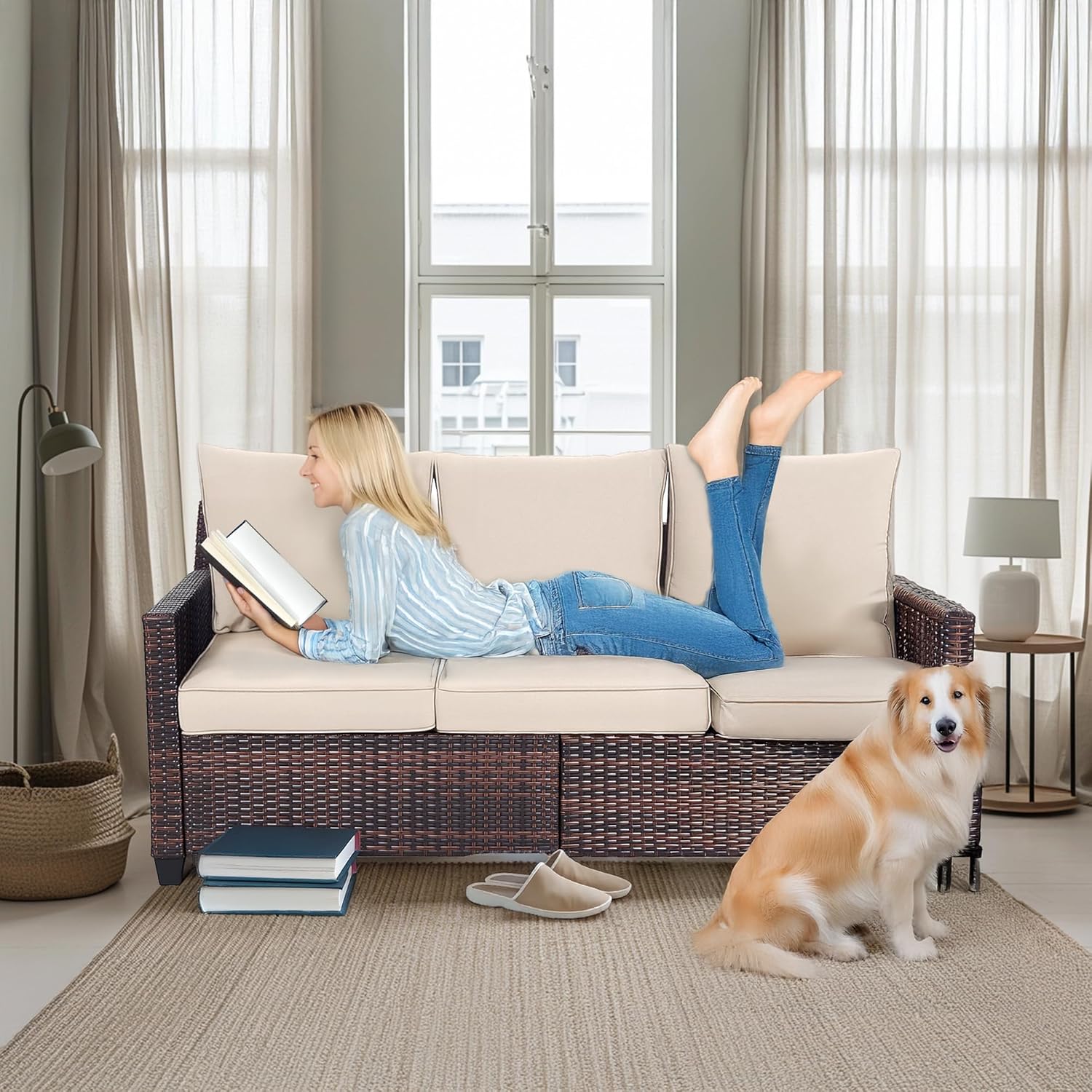 3-Seater Deep Seat Outdoor Sofa - High Back Patio Couch with Water-Resistant Cushions, All-Weather PE Rattan for Patio, Garden (Modern Design) (Beige)