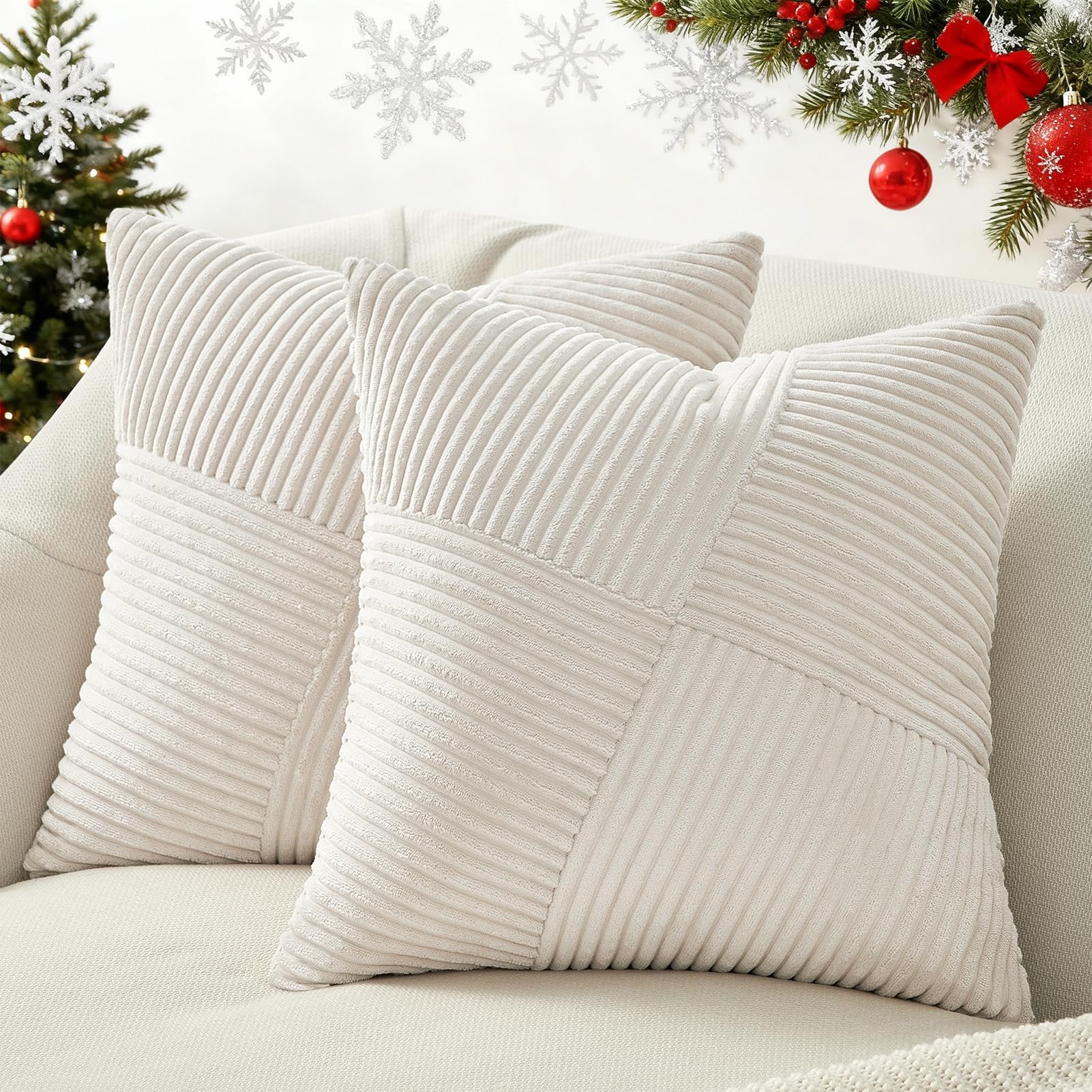 Topfinel Cushion Covers 60cm x 60cm for Extra Large Cushions, Soft Corduroy Patchwork Pinwheel Design Pillowcases for Room Sofa Bed Chairs with Smooth Invisible Zip (2Pack Cream)