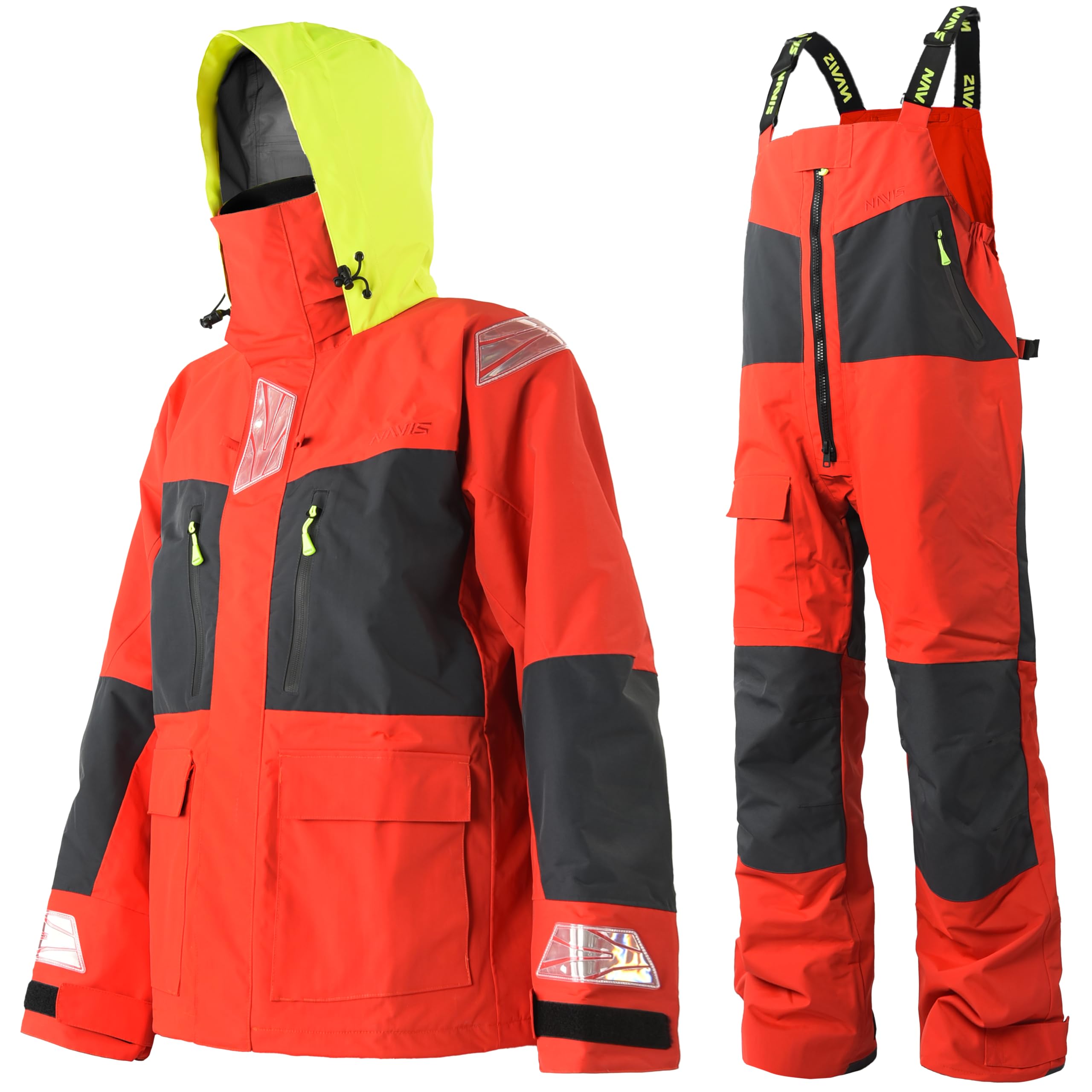 Herren Offshore Segelanzug 3-Lagen Wasserdicht Atmungsaktiv - Profi Segeljacke mit Neon-Kapuze & Reflektoren + Verstärkte Latzhose NS-547
