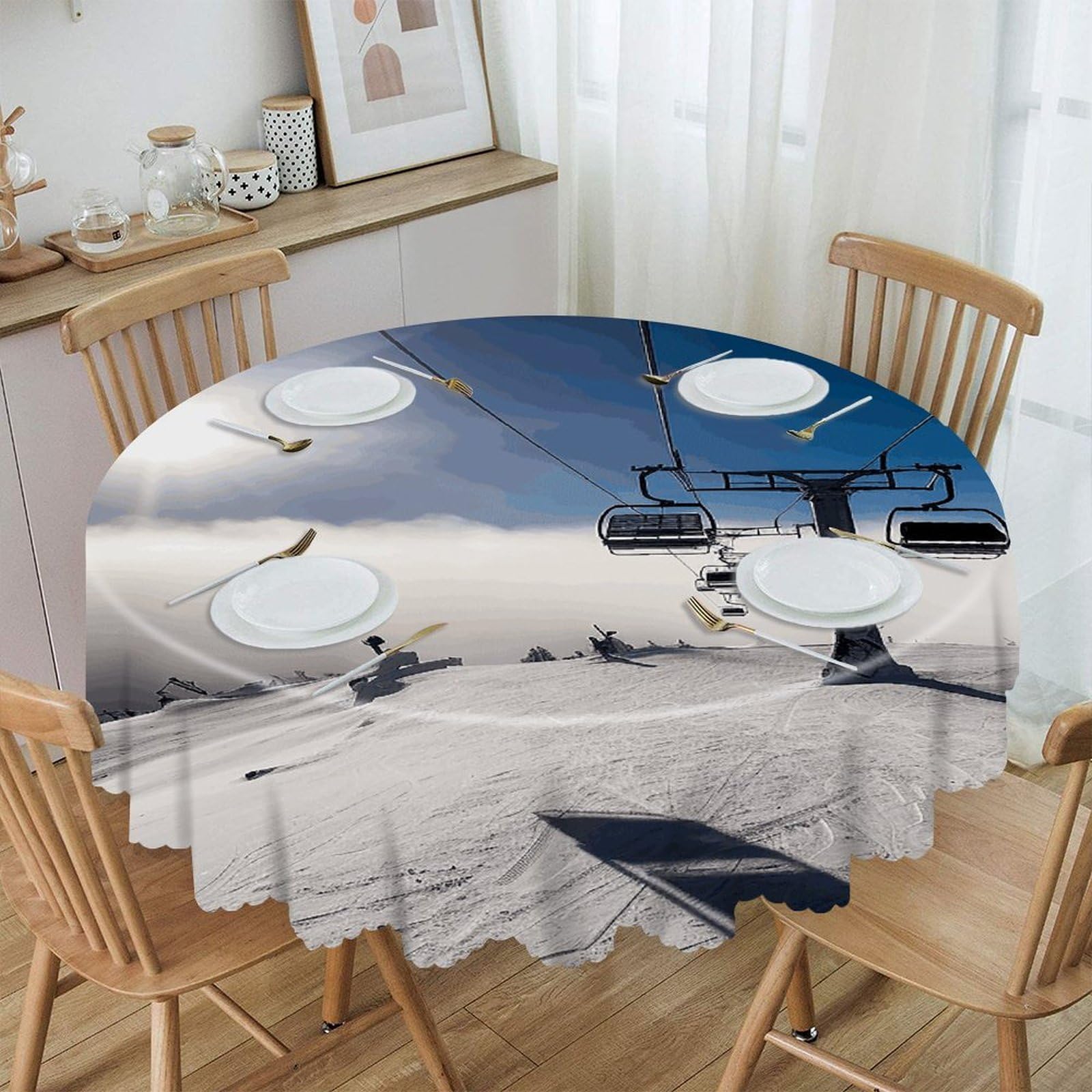 FekiLoot Ski Lift at Sunshine Round Tablecloths 60 Inch Resistant Washable Polyester Table Cloth Style Decorative Circle Fabric Table Cover for Dining Kitchen Party Farmhouse Outdoor